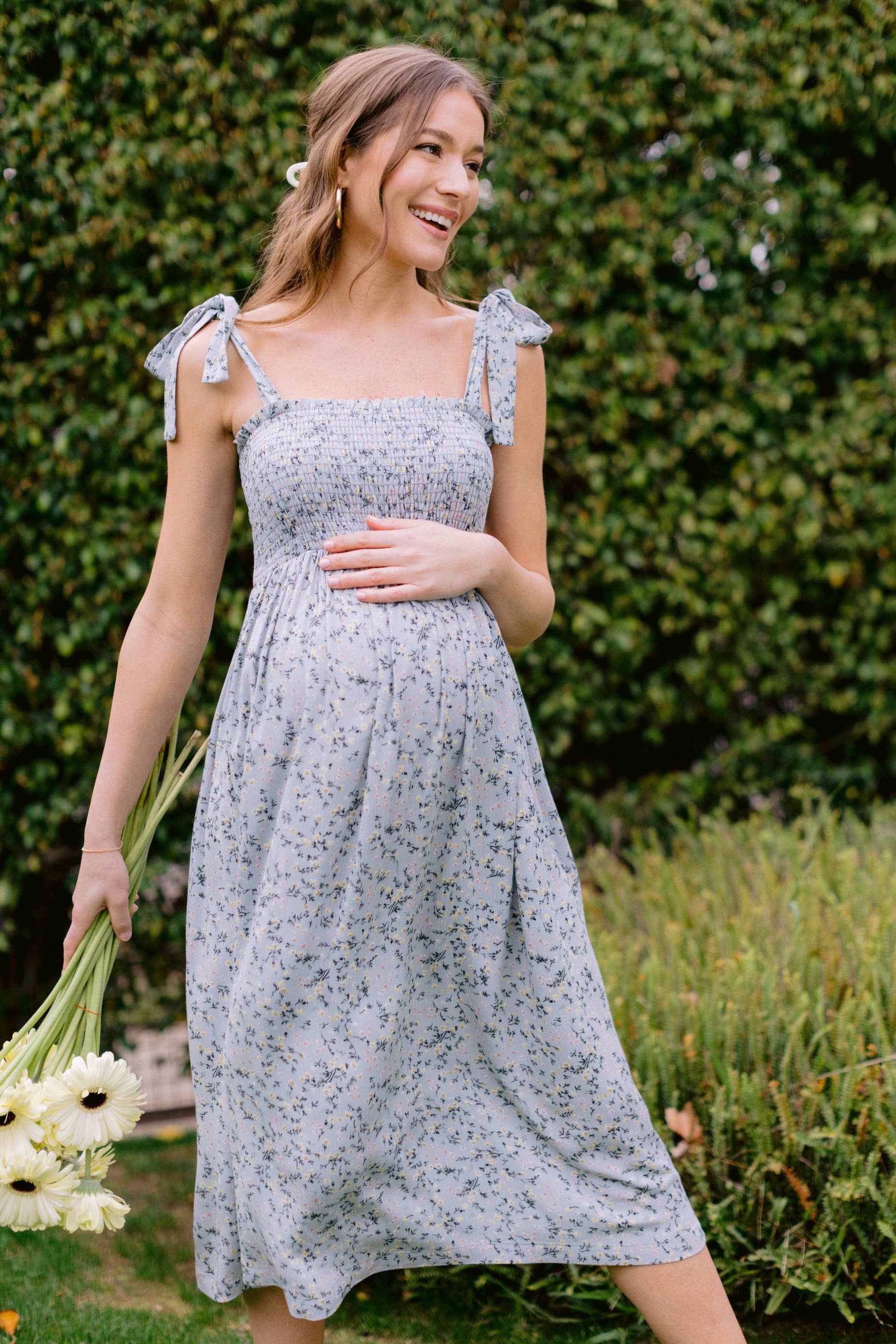 Sage Blue Floral Smocked Tie-Strap Maternity Midi Dress