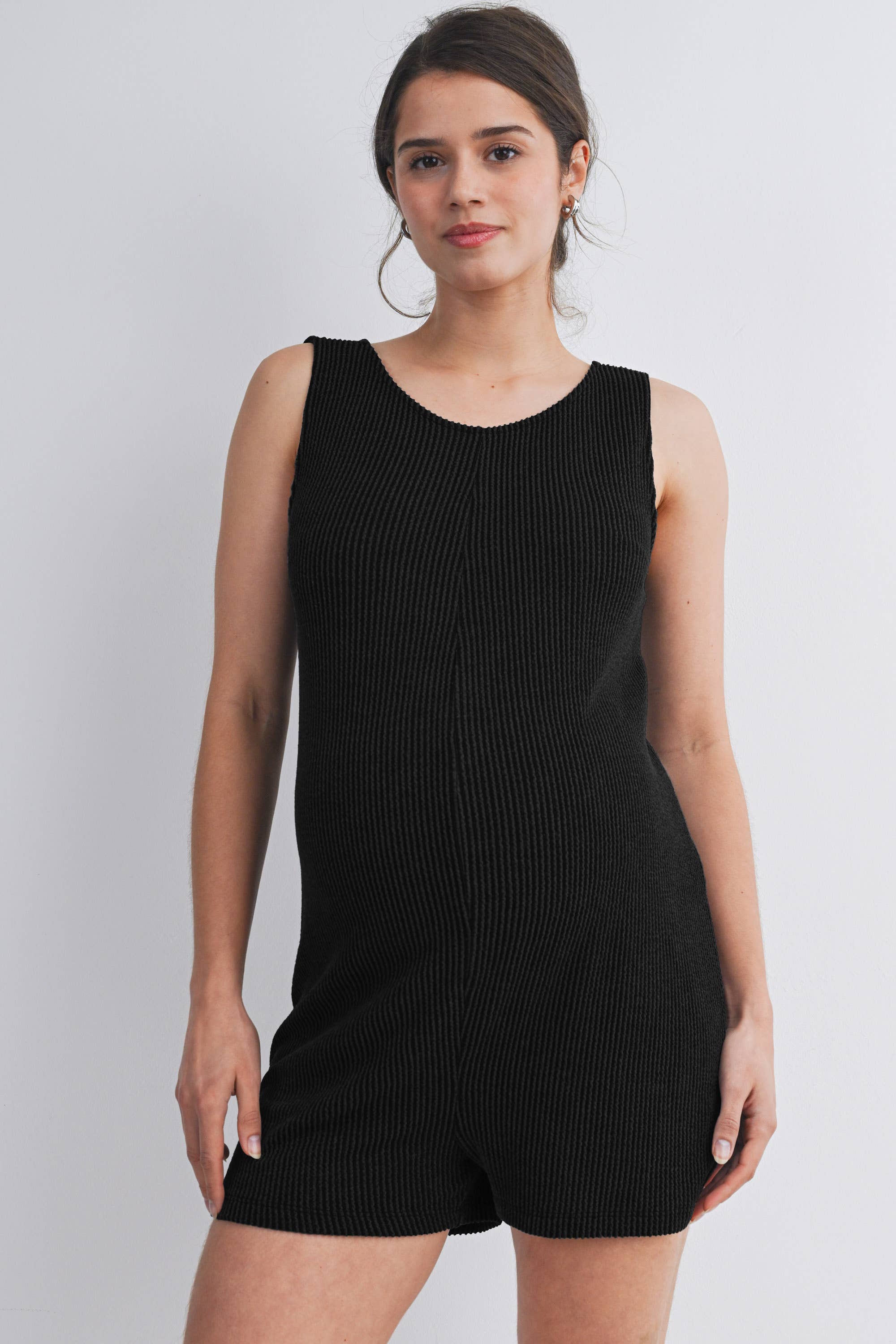 Black Sleeveless Ribbed Knit Maternity Romper