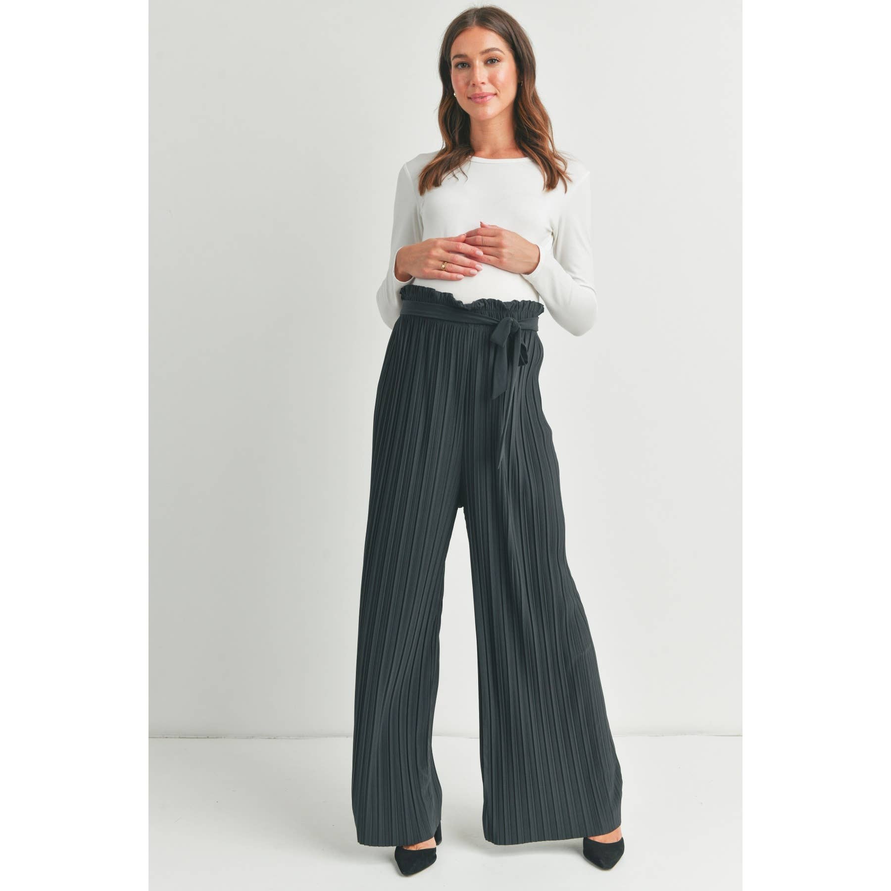 Grey Pleated Maternity Wide Leg Pants with Belt Tie