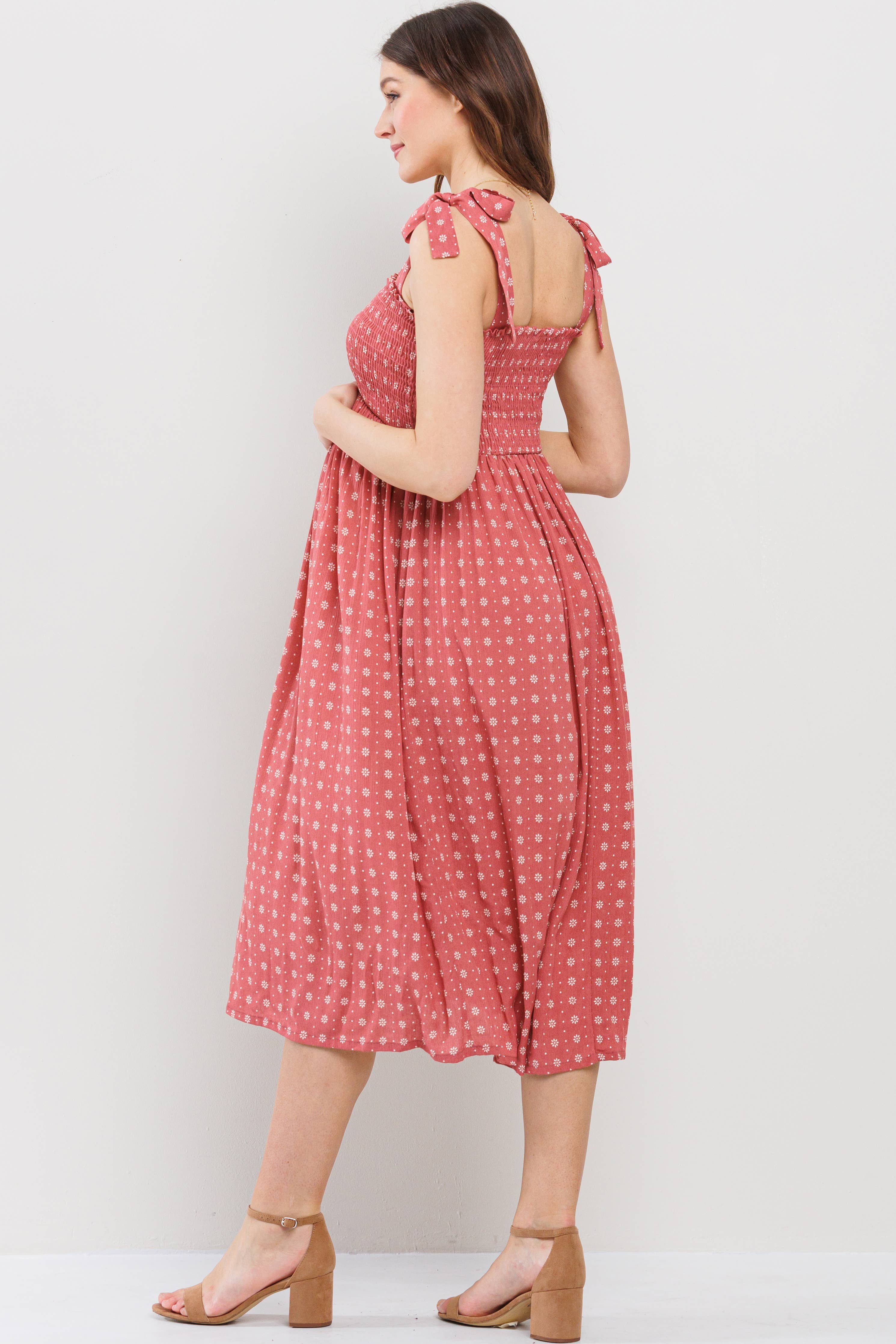 Marsala Floral Smocked Maternity Tie-Strap Midi Dress