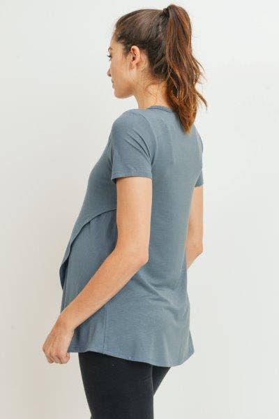 Sea Blue Solid Short Sleeve Tulip Hem Maternity Nursing Top