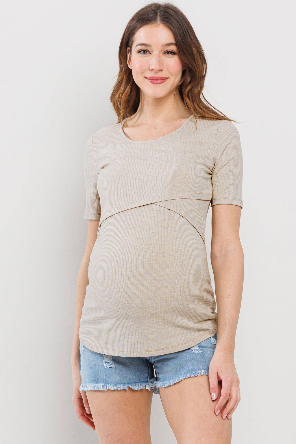Oatmeal Double Layer Front Maternity to Nursing Tee