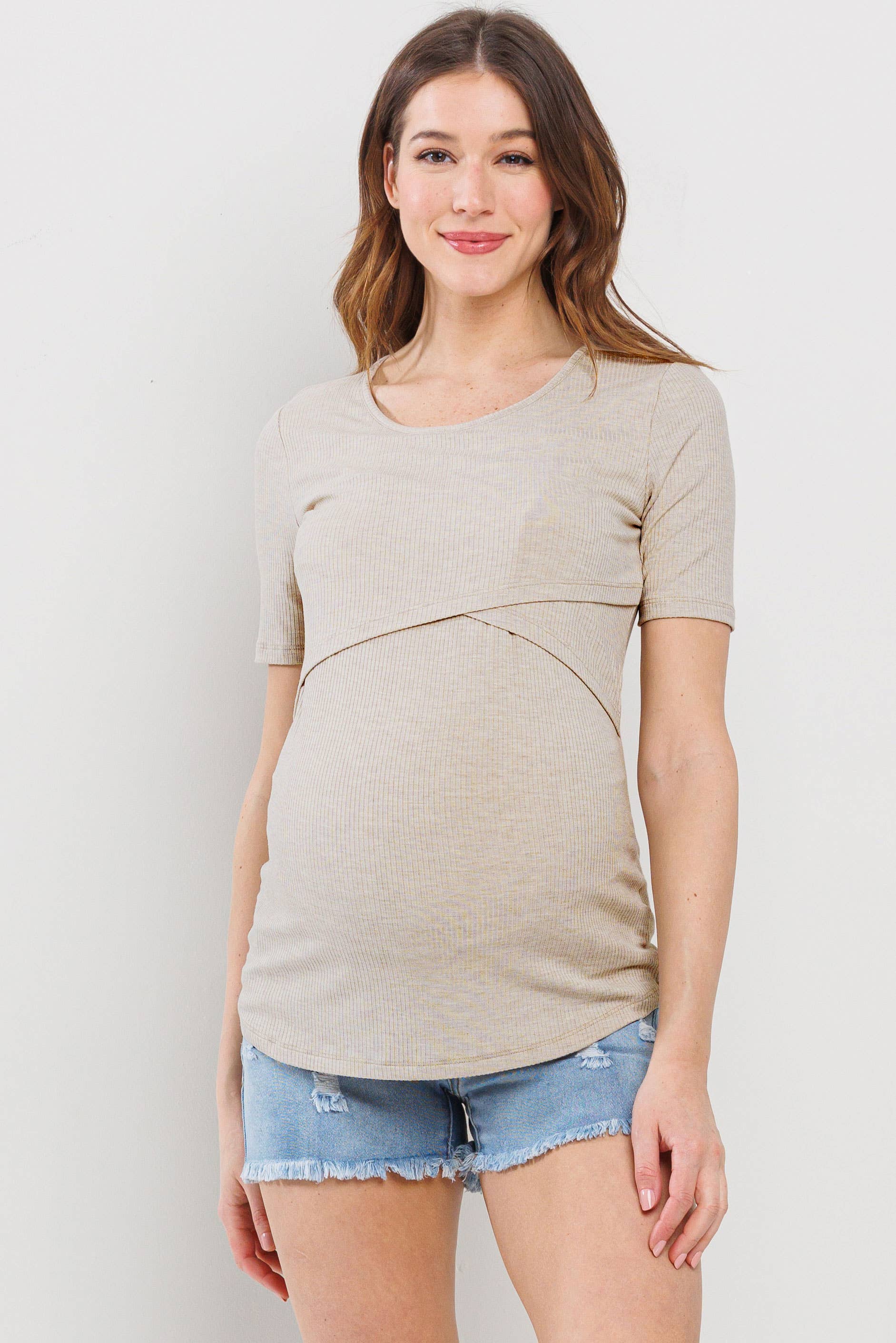 Oatmeal Double Layer Front Maternity to Nursing Tee