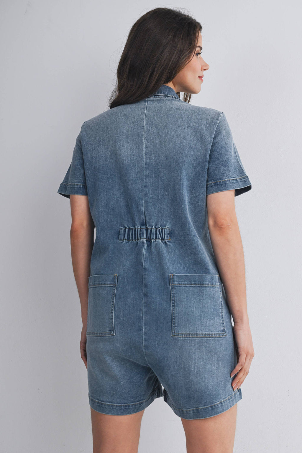 Button Front Denim Romper with Collar