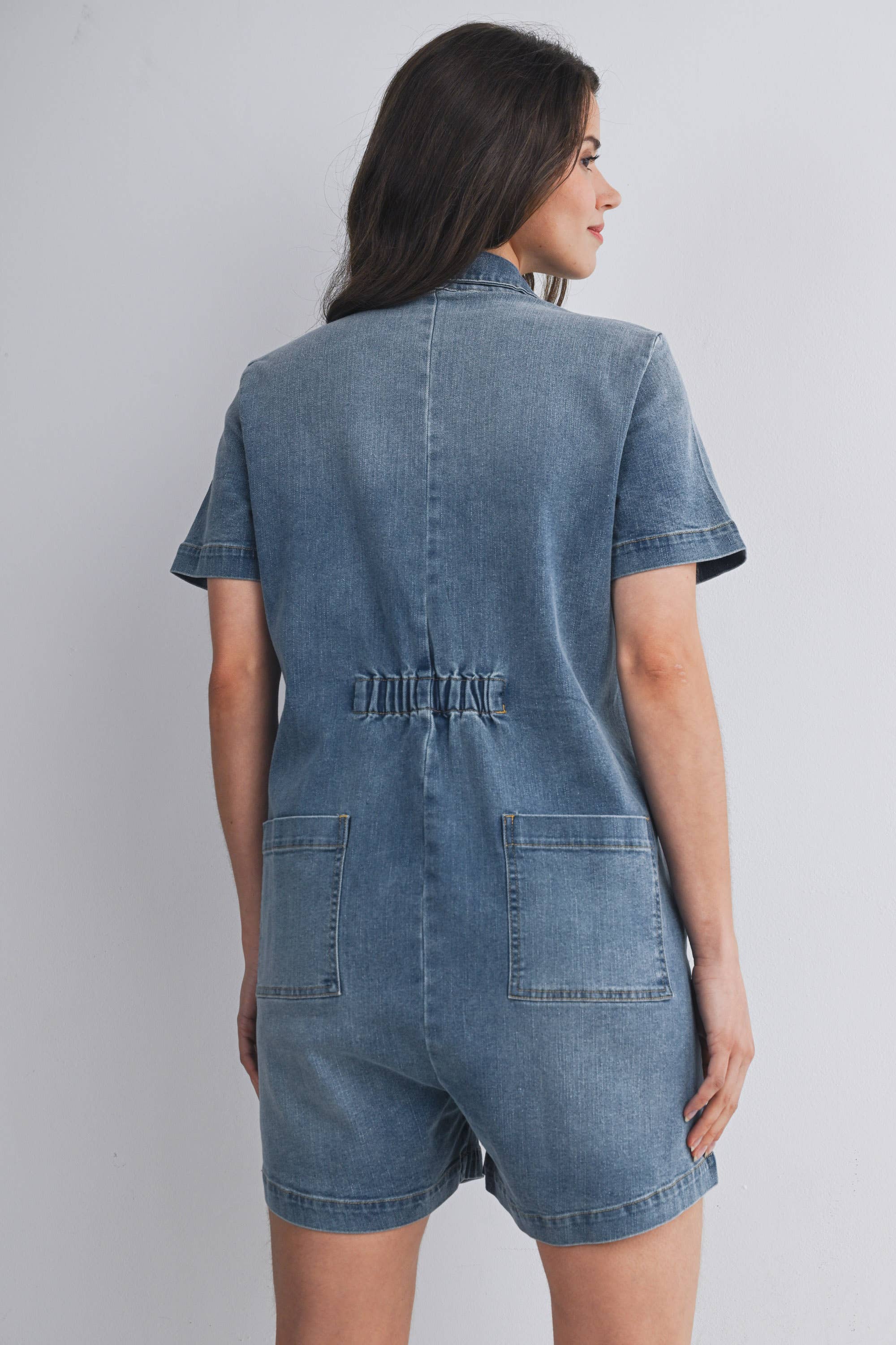 Button Front Denim Romper with Collar