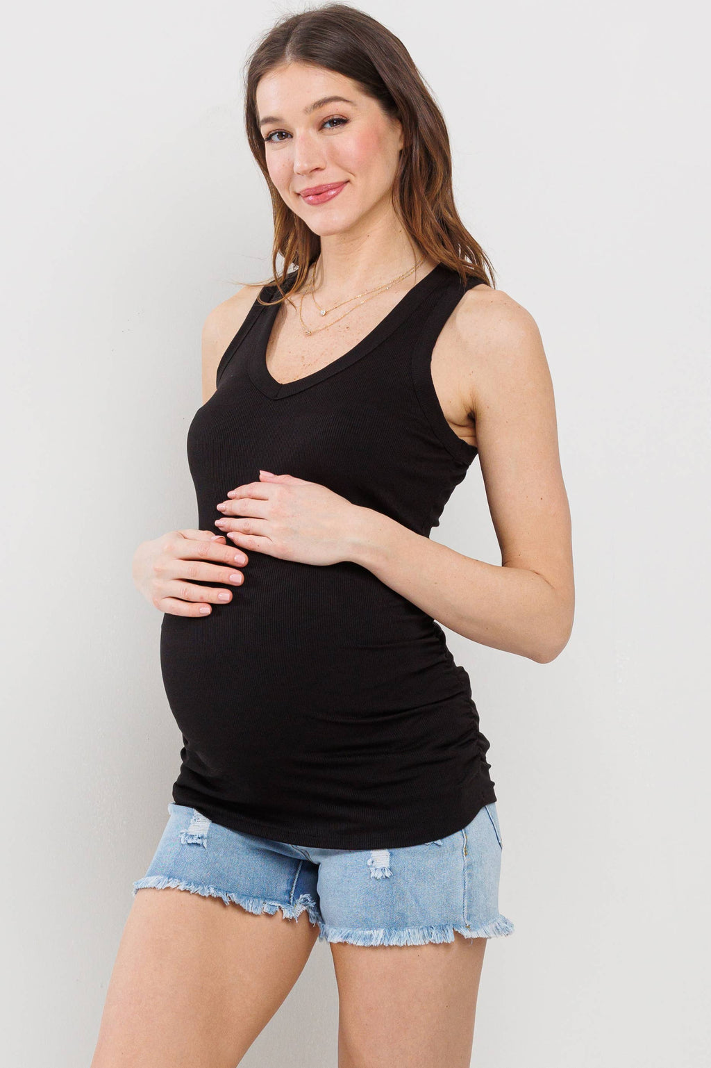 Black Ruched V-Neck Maternity Ribbed Tank Top