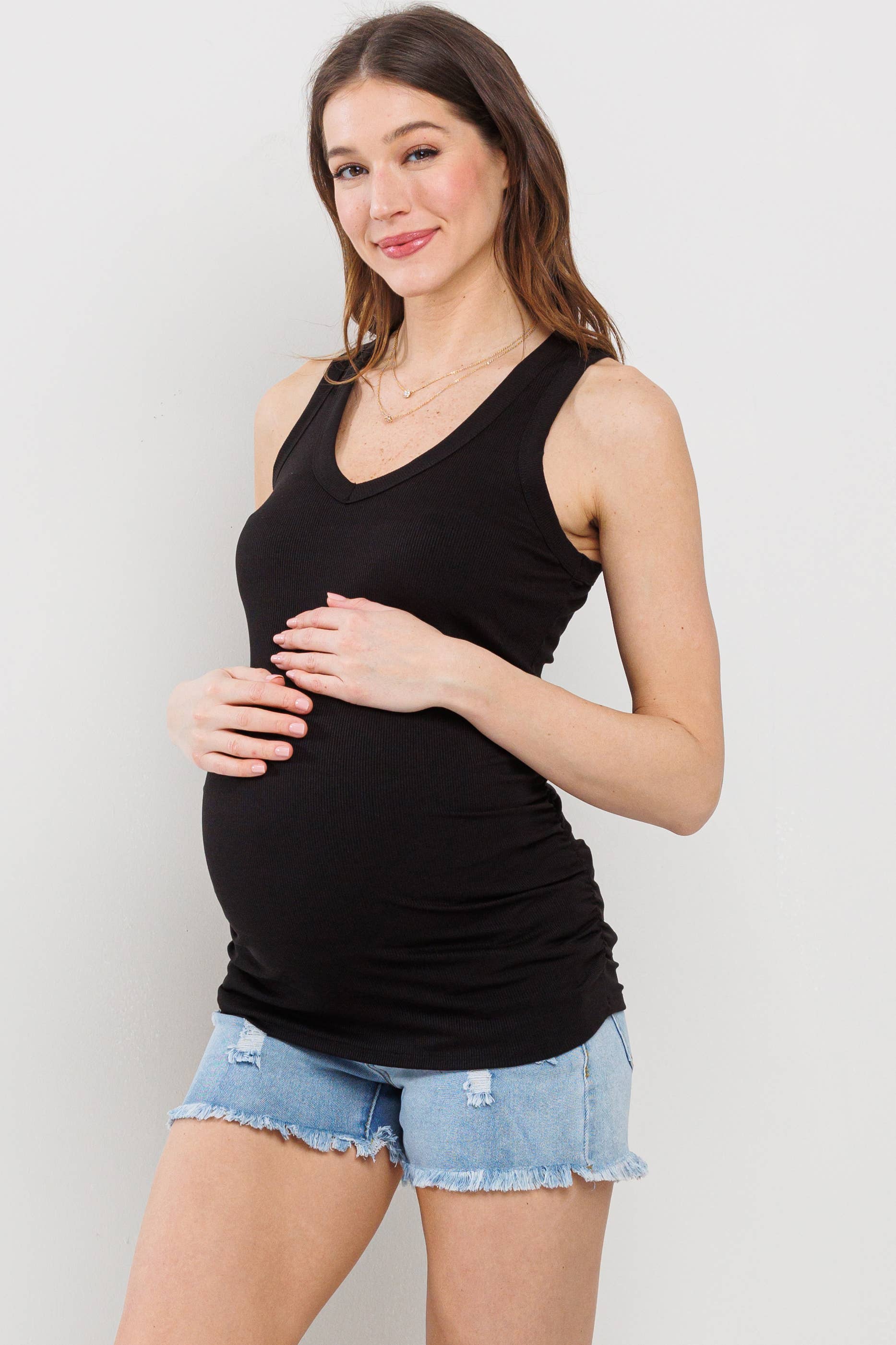 Black Ruched V-Neck Maternity Ribbed Tank Top
