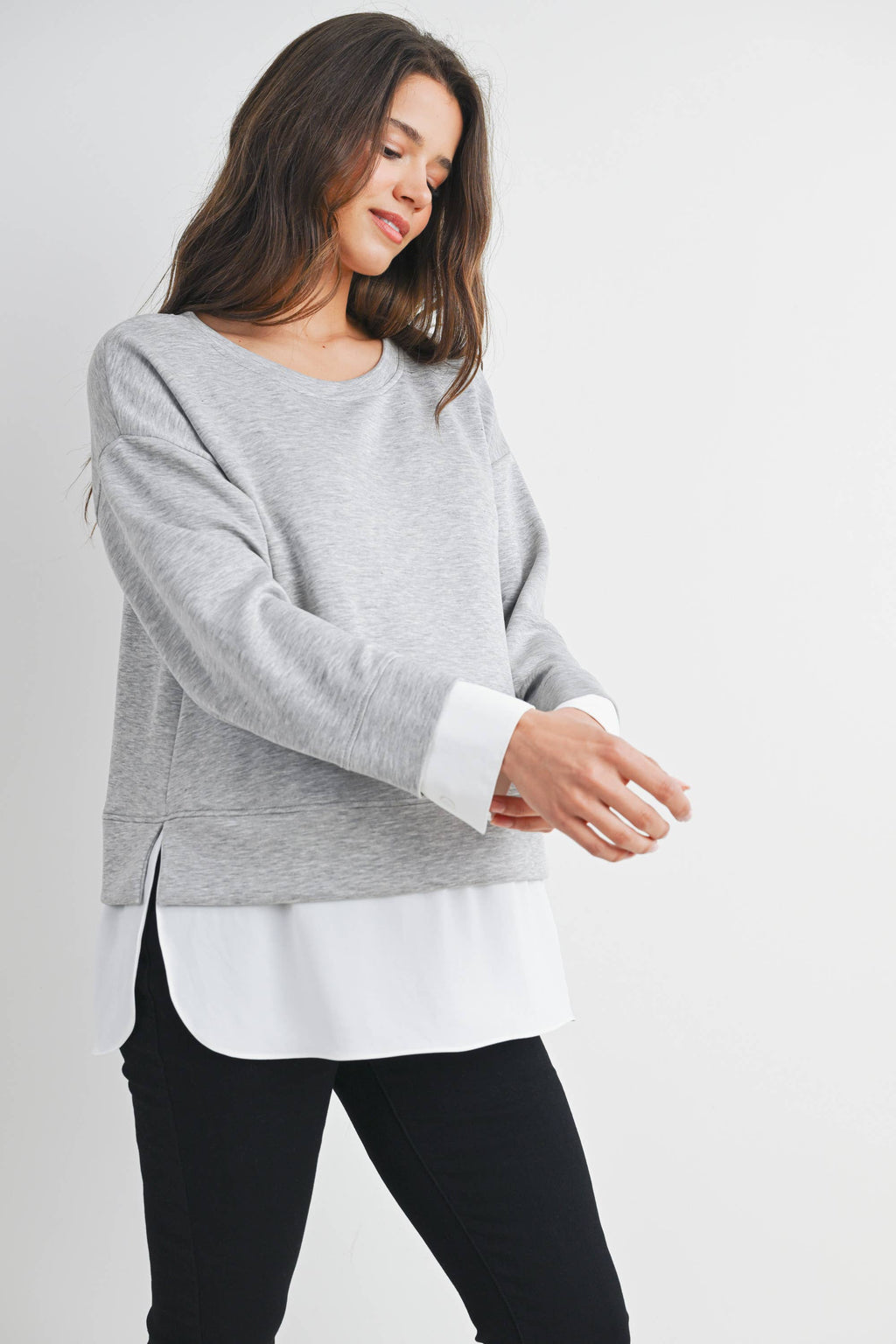 Grey/White Long Sleeve Maternity Twofer Pullover Top