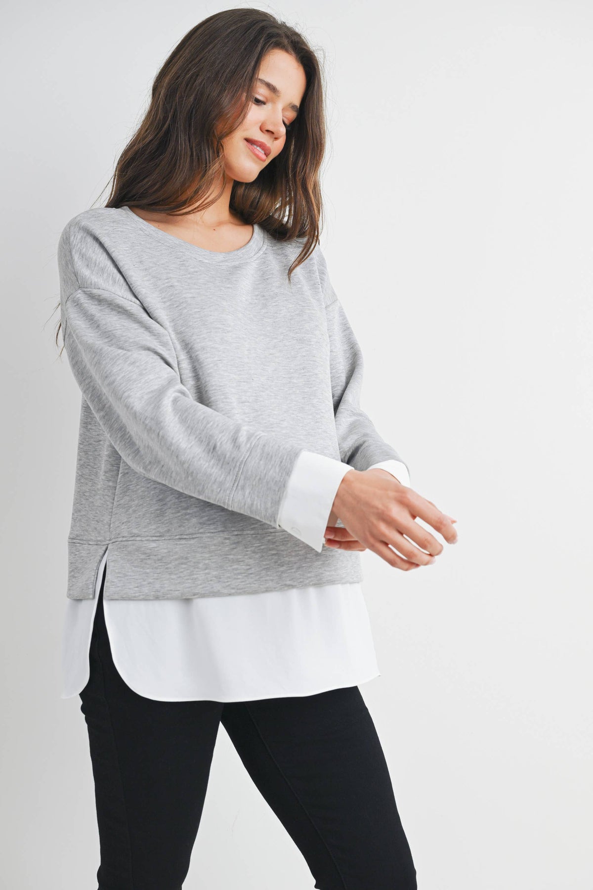 Grey/White Long Sleeve Maternity Twofer Pullover Top
