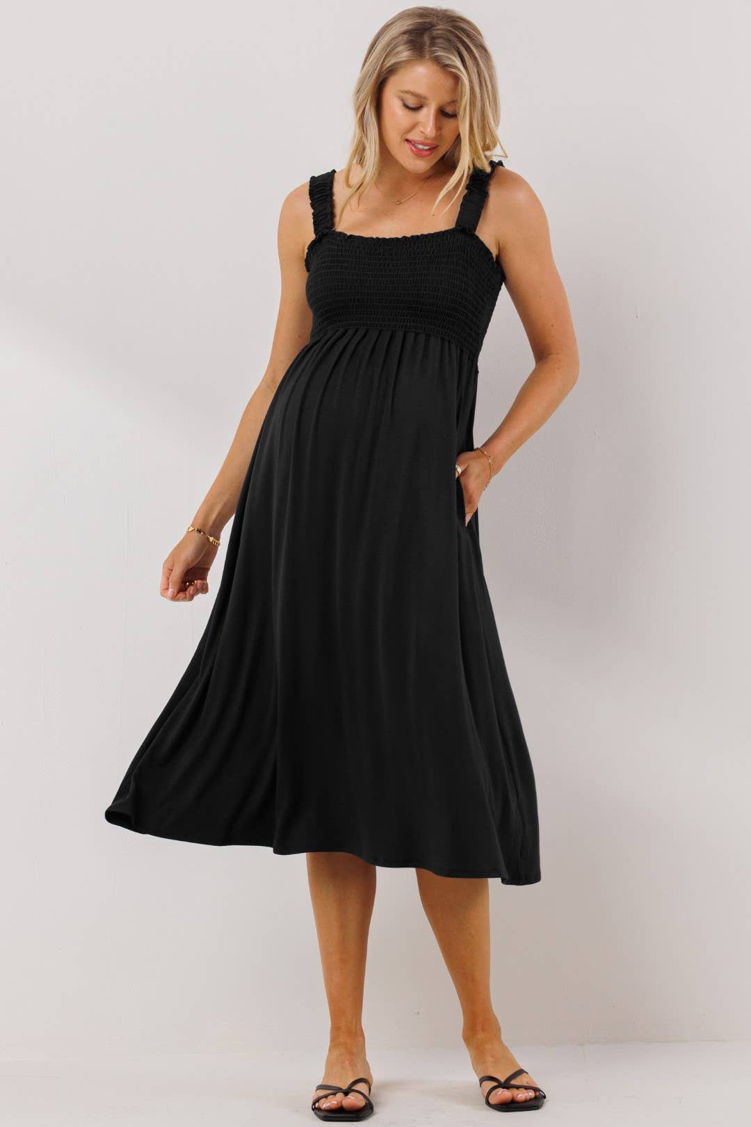 Black Smocked Sleeveless Midi dress