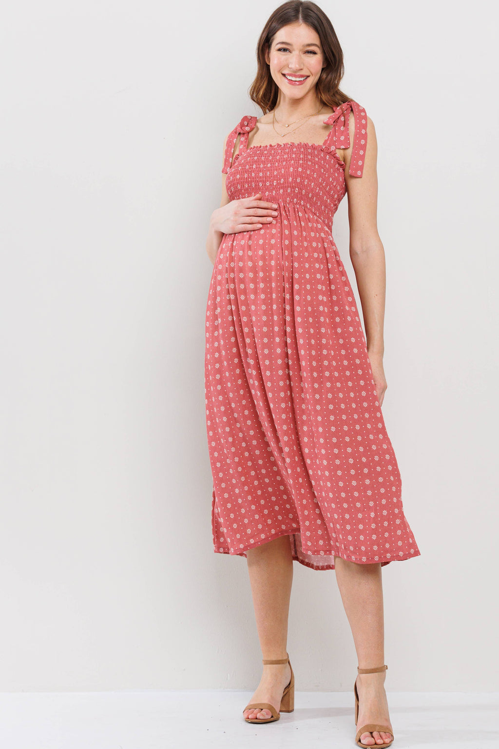 Marsala Floral Smocked Maternity Tie-Strap Midi Dress
