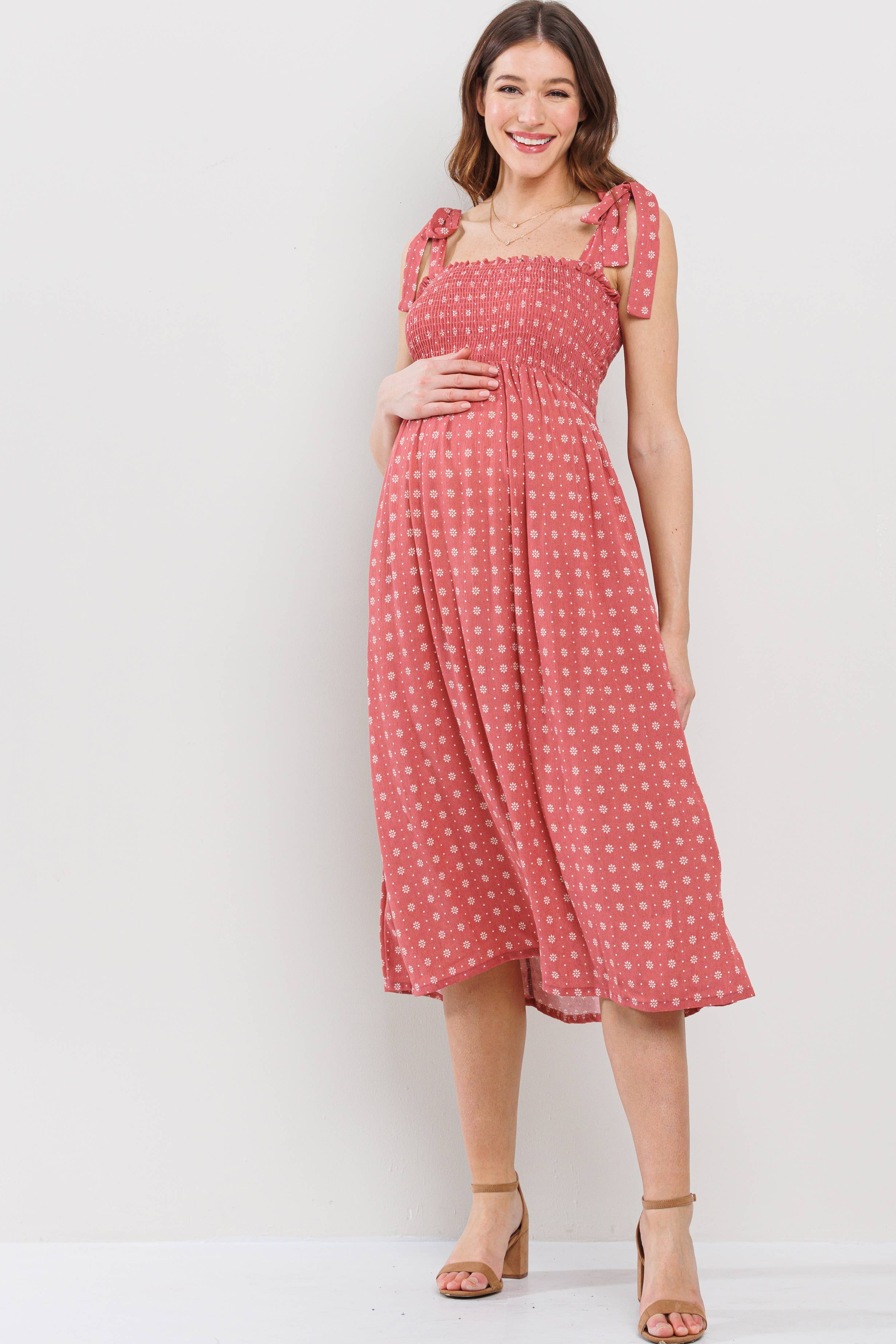 Marsala Floral Smocked Maternity Tie-Strap Midi Dress