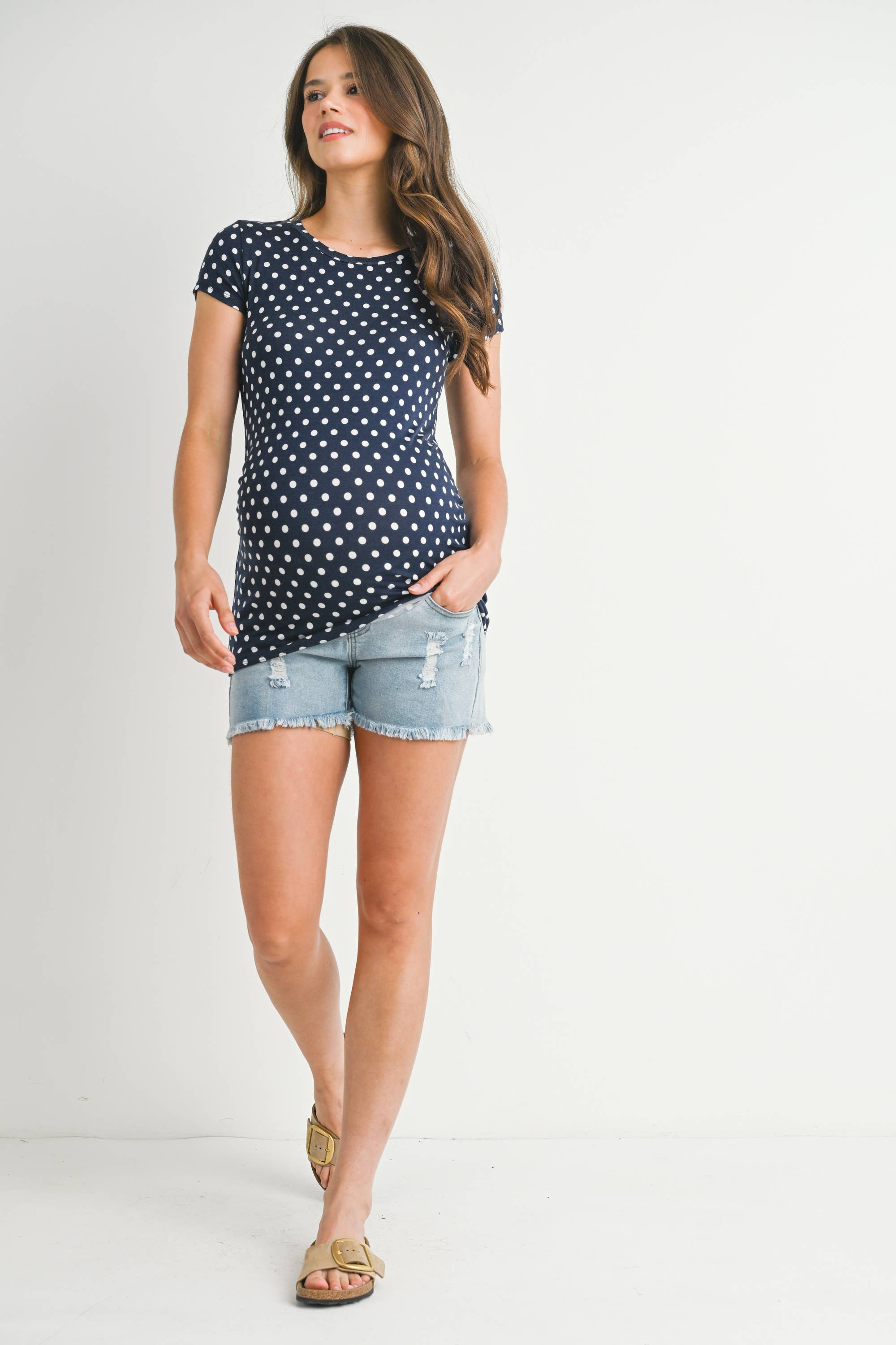 Navy with Ivory Polka Dot Short Sleeve Maternity T-Shirt
