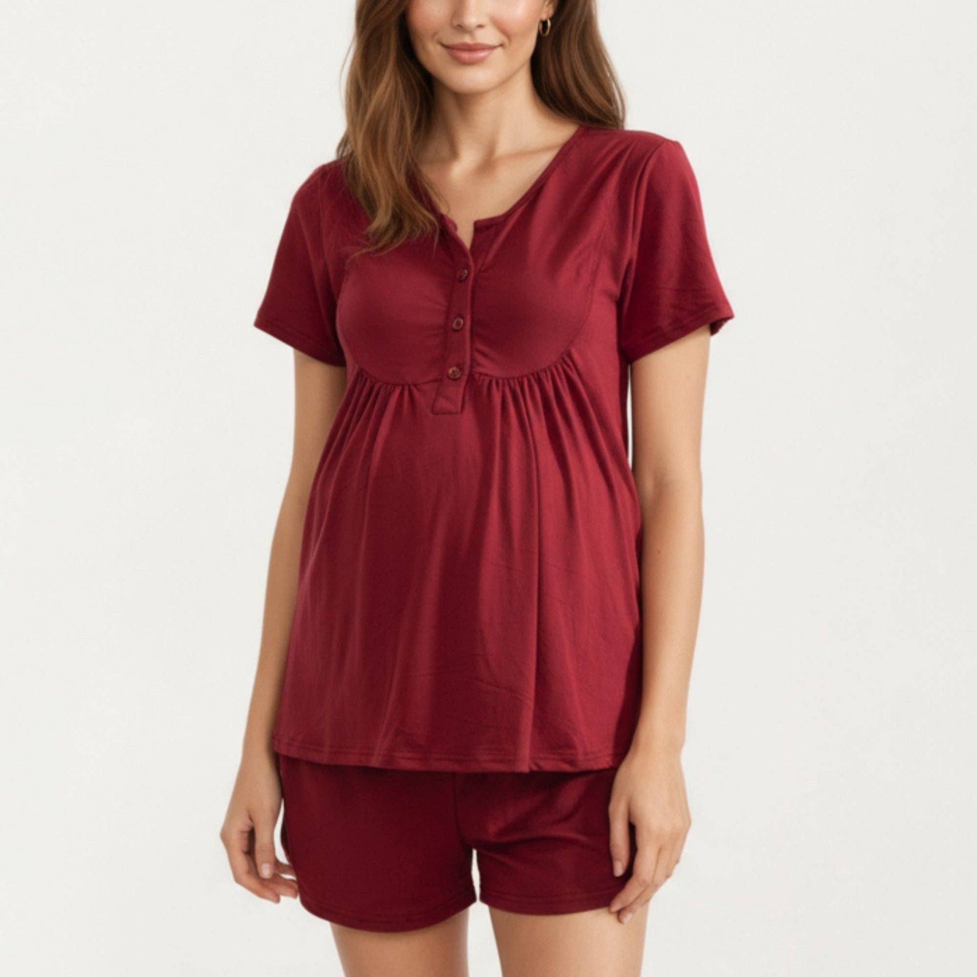 Burgundy 2-Piece Maternity Pajama Set with Short Sleeve Henley Top