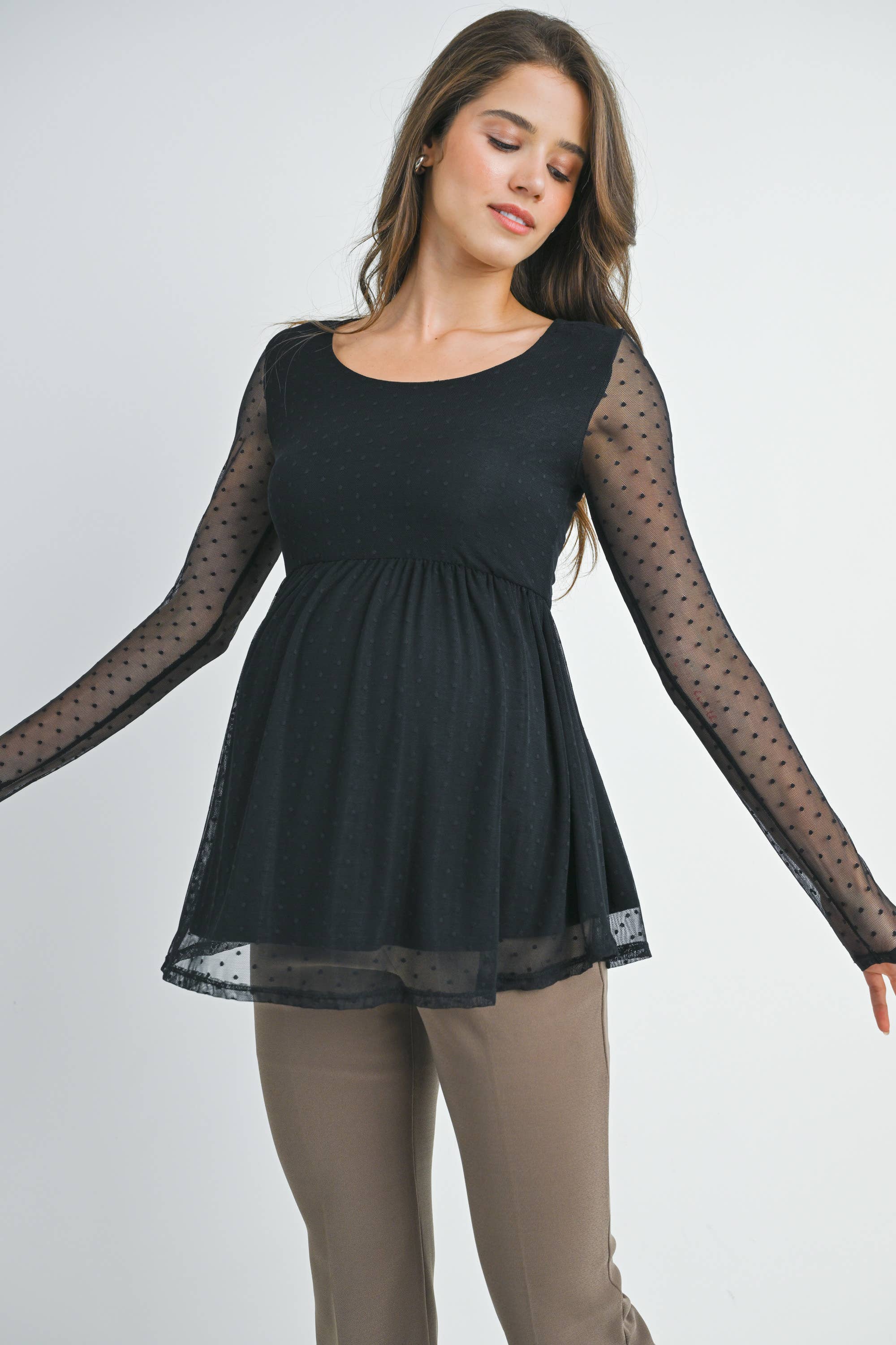Black Polka Dot Mesh Sleeve Maternity Top