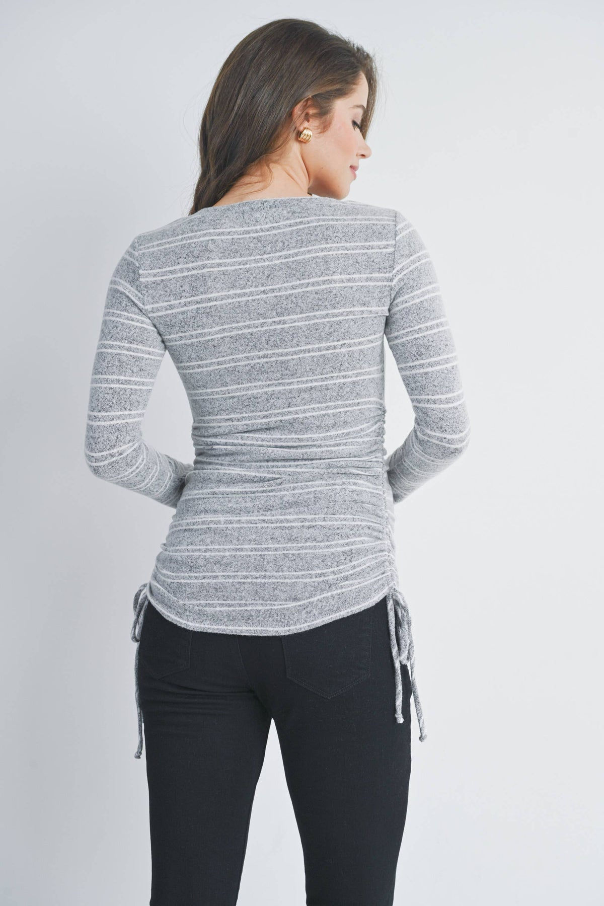 Gray/Ivory Striped Ruched Maternity Long Sleeve Knit Top