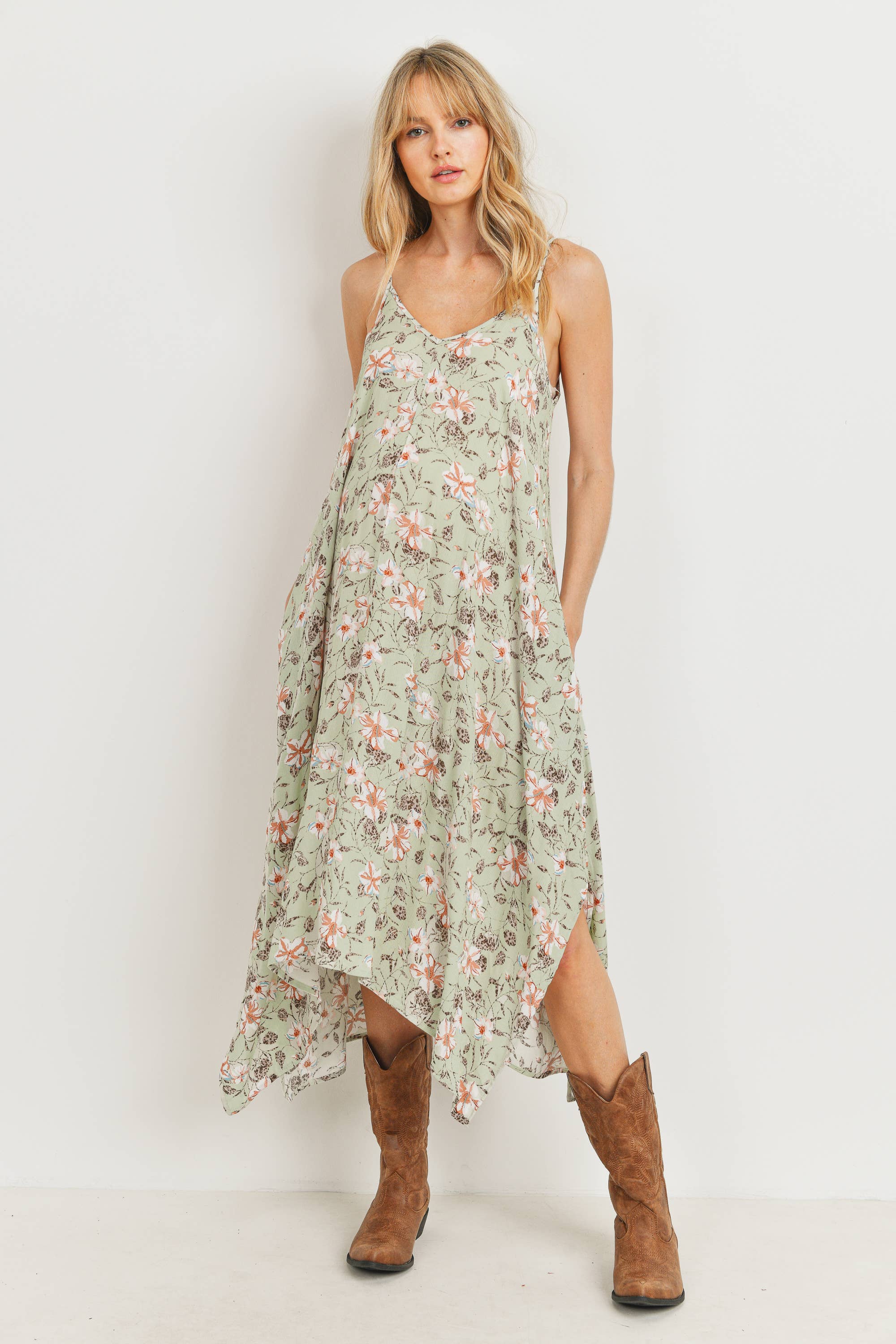 Sage Floral Print Sleeveless Maternity Midi Dress