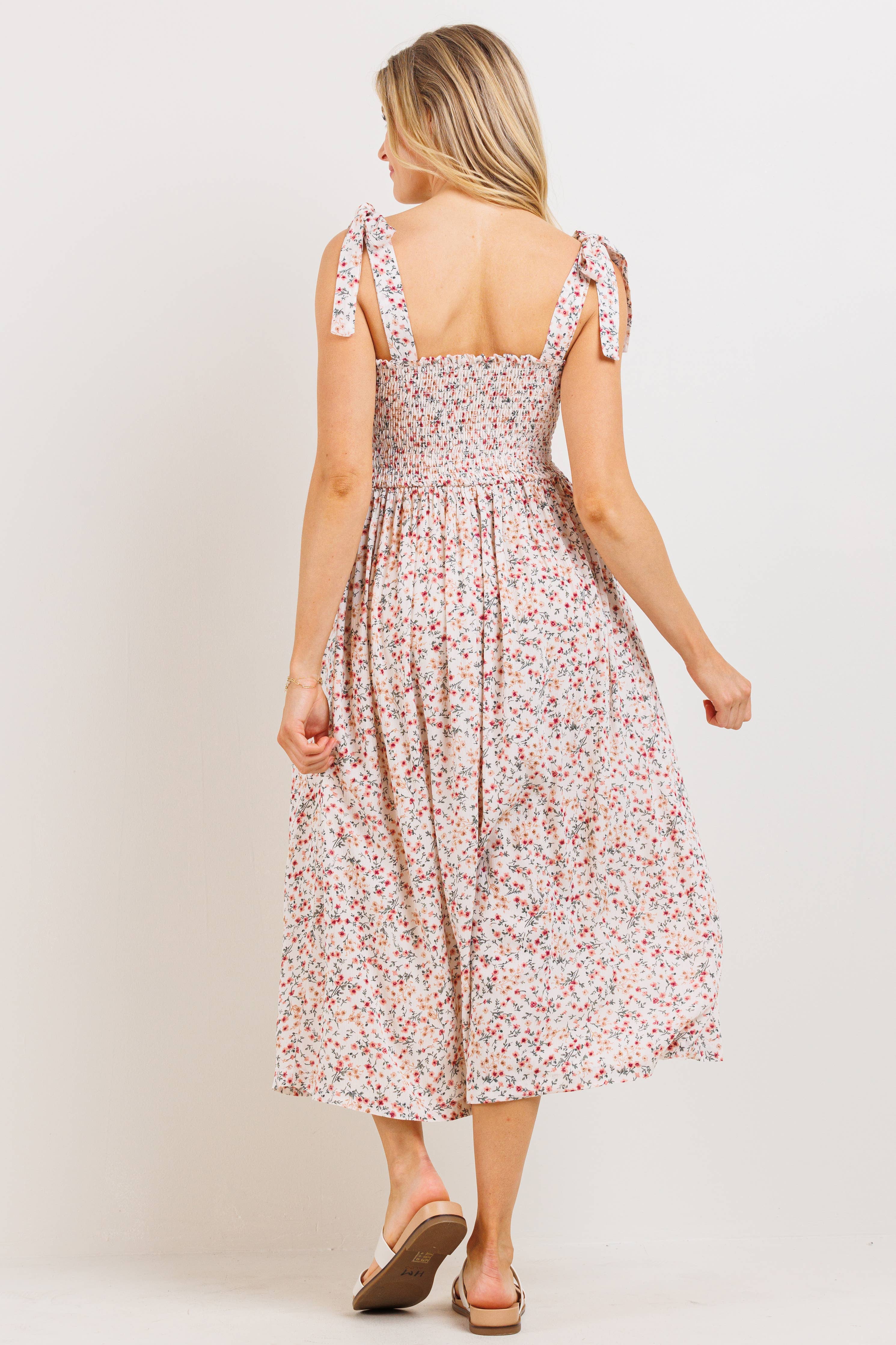 Blush Floral Smocked Tie-Strap Maternity Midi Dress