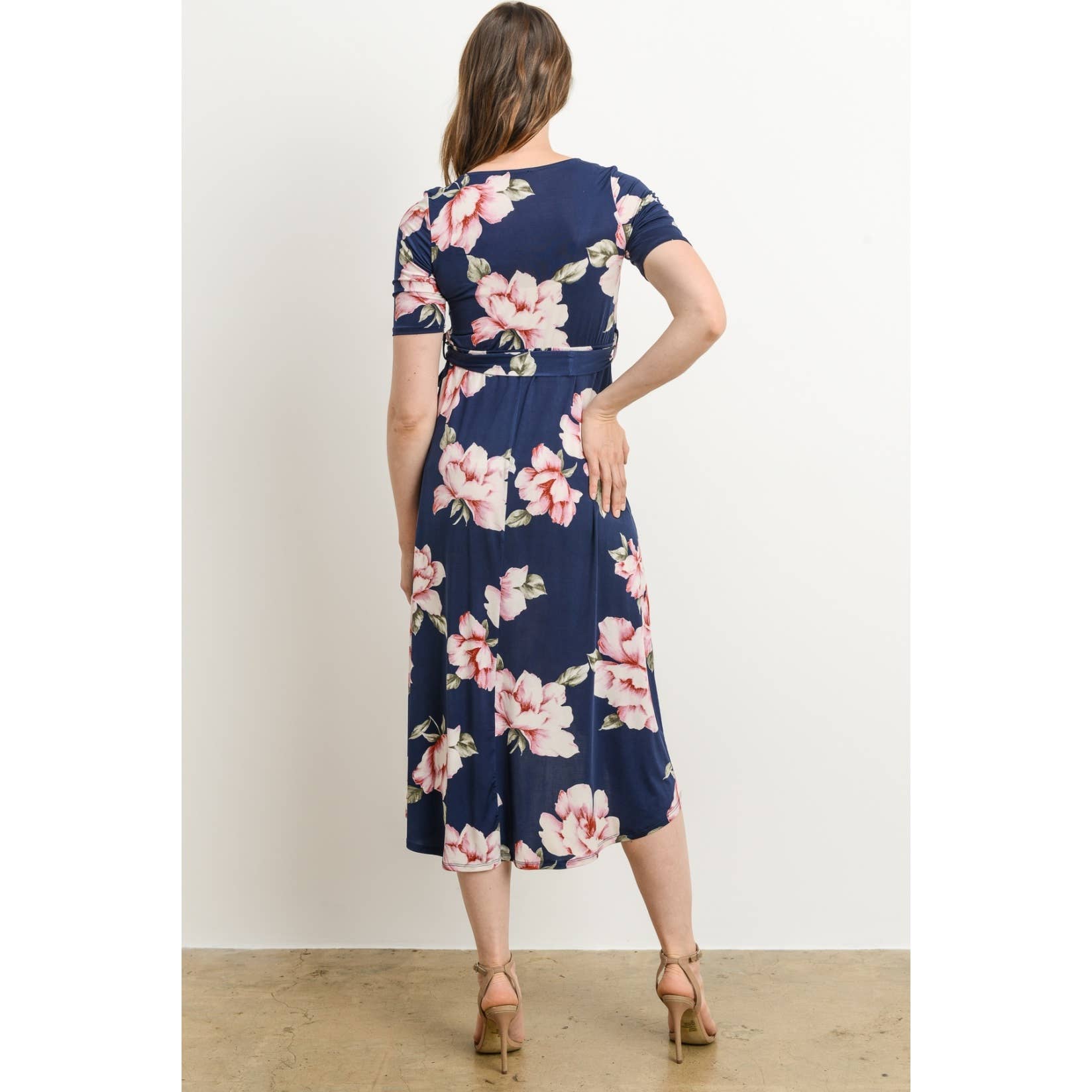 Navy Blue Floral High-Low Nursing Surplice Dress