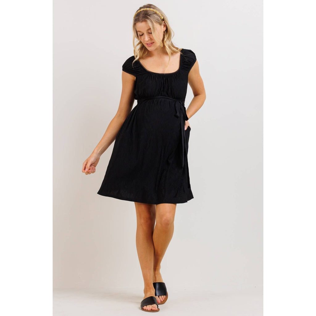 Black Lace Trim Cap Sleeve Maternity Babydoll Dress