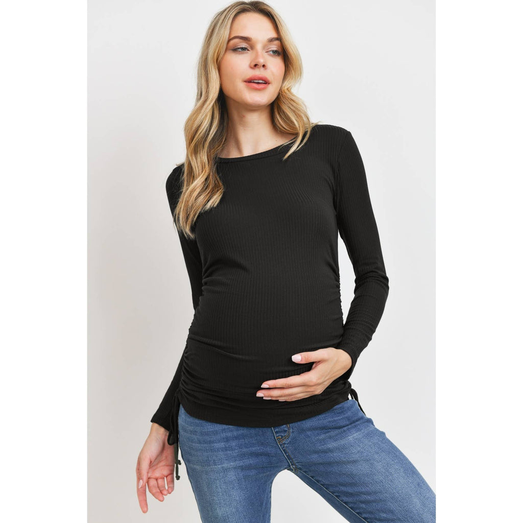 Black Ribbed Adjustable Ruching with Tie Long Sleeve Top