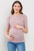 Mauve Floral Ribbed Puff Sleeve Side Ruched Top