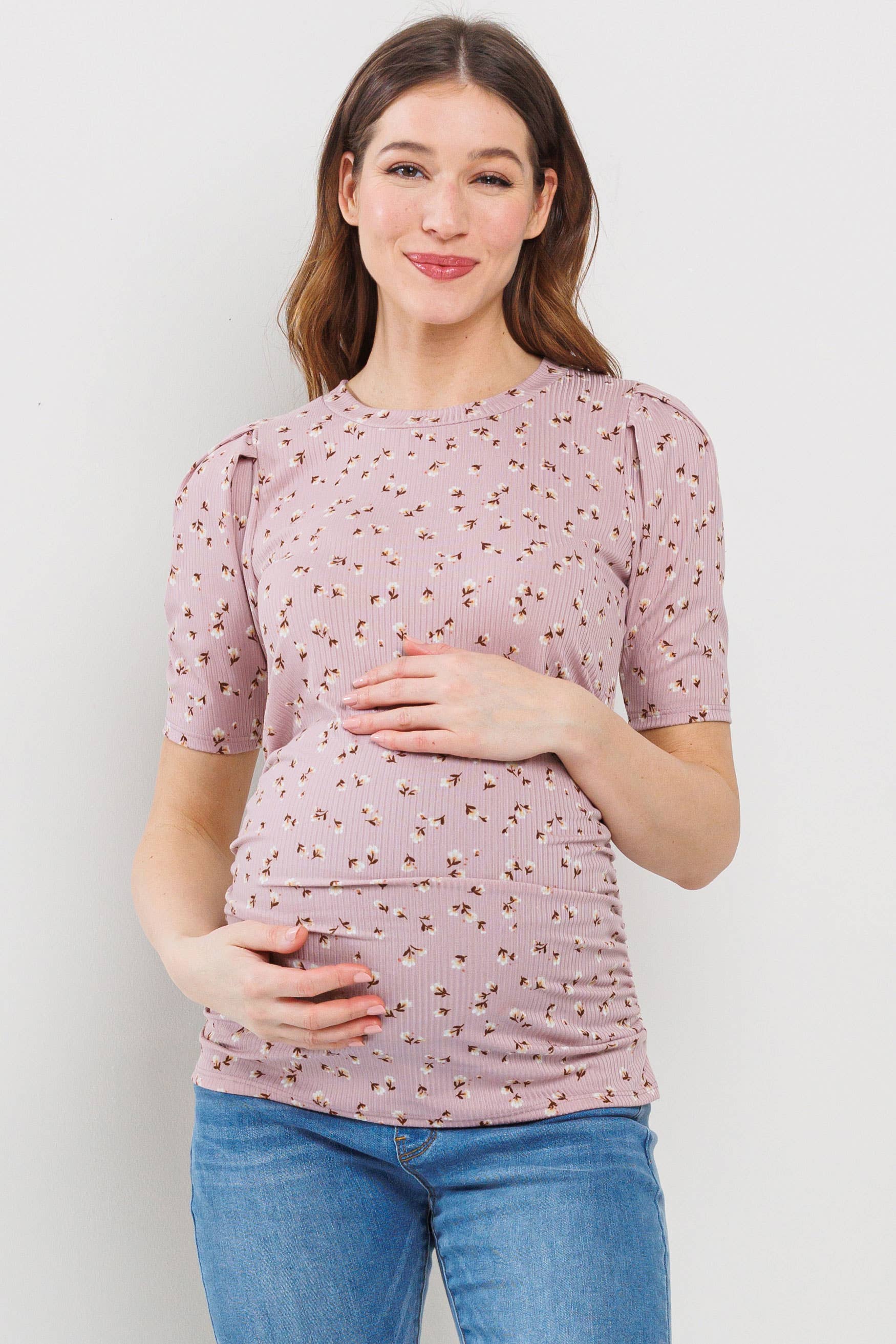 Mauve Floral Ribbed Puff Sleeve Side Ruched Top