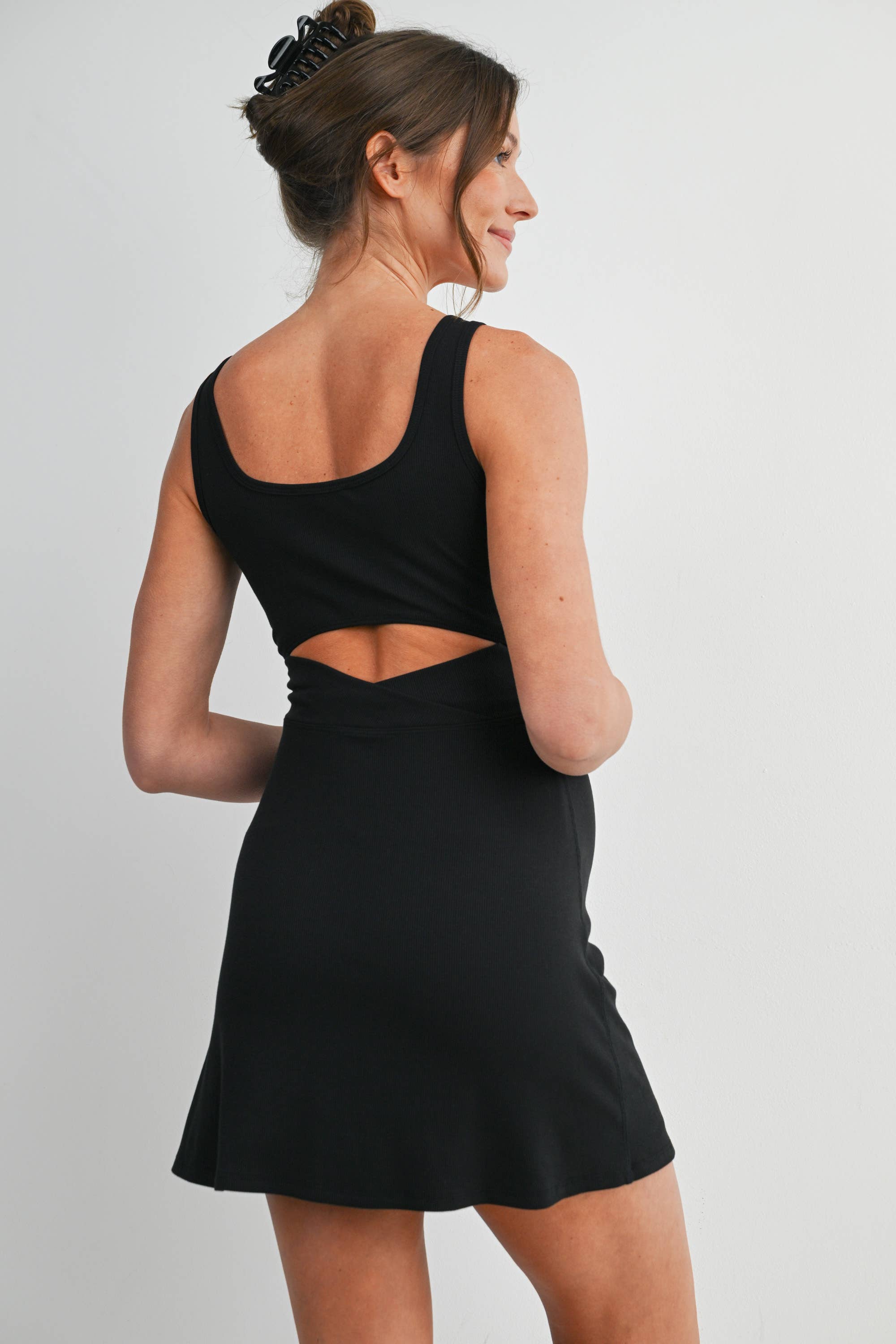 Black Ribbed Maternity Active Mini Dress with Inner Shorts