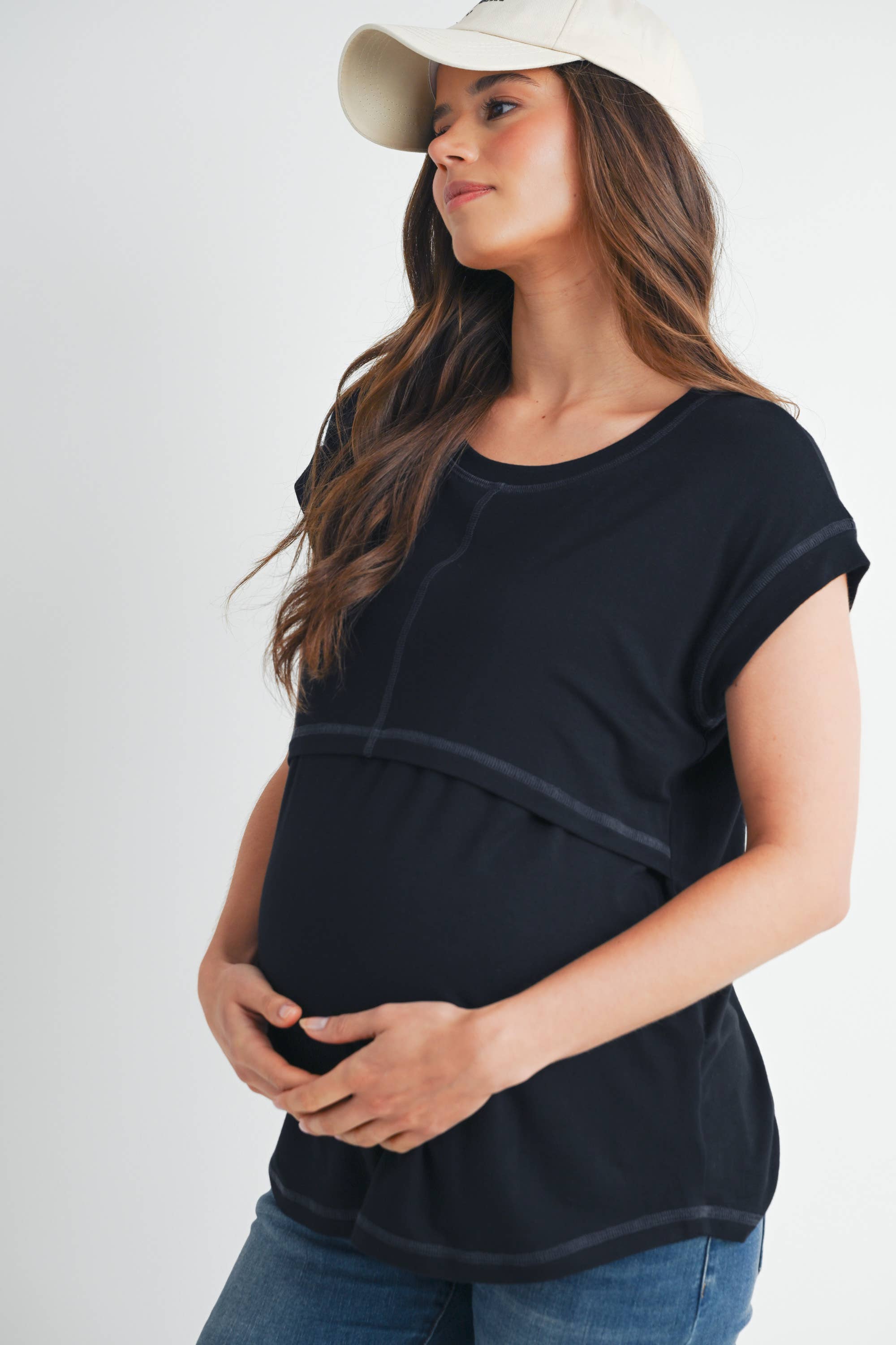 Black Double Layer Short Sleeve Maternity Nursing Top