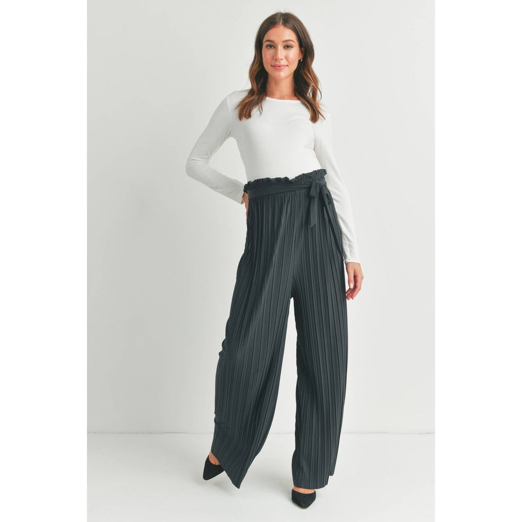 Grey Pleated Maternity Wide Leg Pants with Belt Tie
