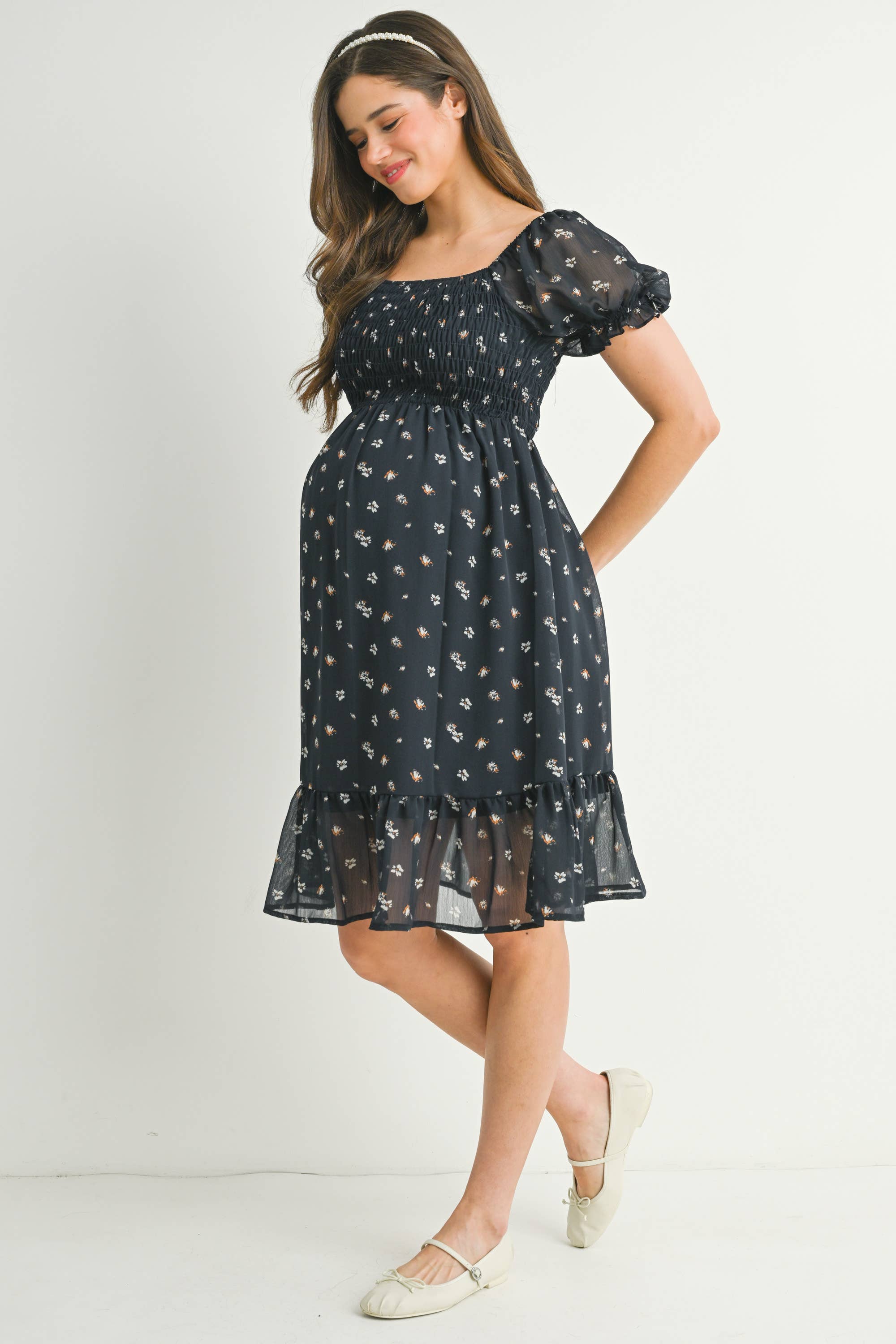 Navy Floral Smocked Maternity Ruffle Dress