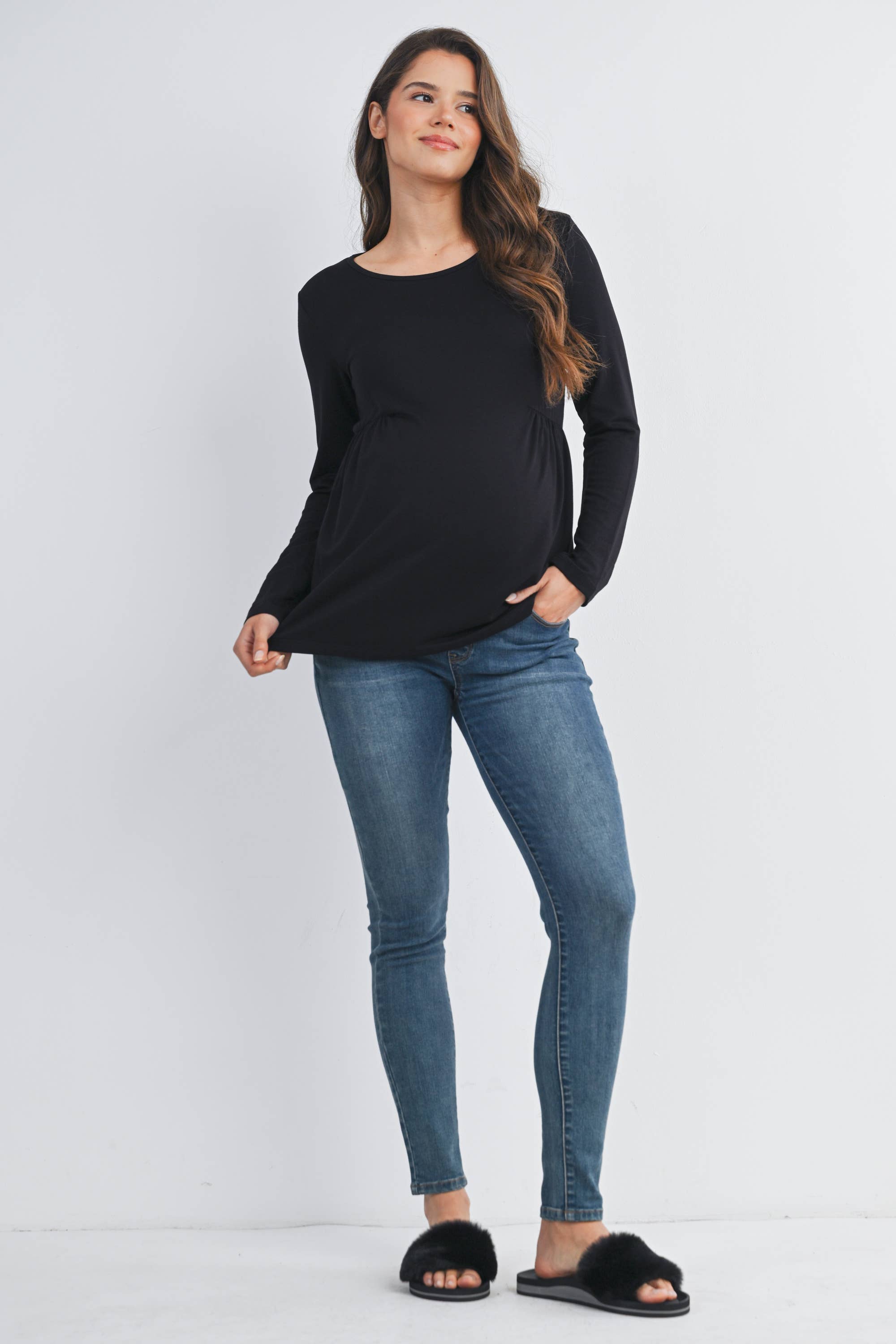Black French Terry Long Sleeve Scoop Neck Maternity Top
