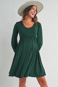 Green U-Neck Long Sleeve Maternity Knit Dress with Pockets
