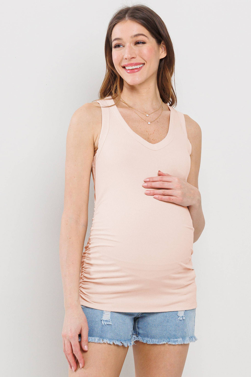 Blush Ruched V-Neck Ribbed Tank Top