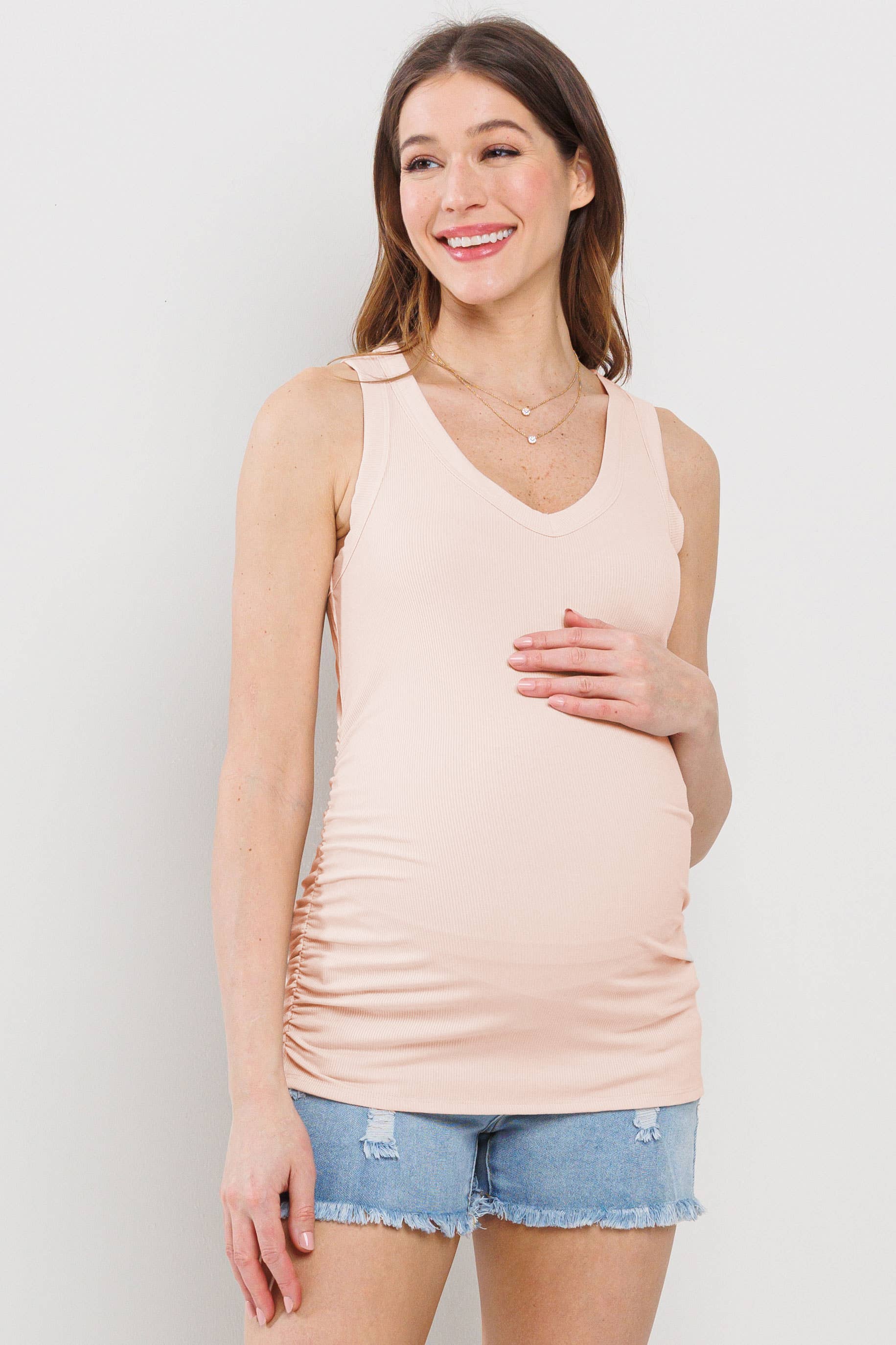 Blush Ruched V-Neck Ribbed Tank Top