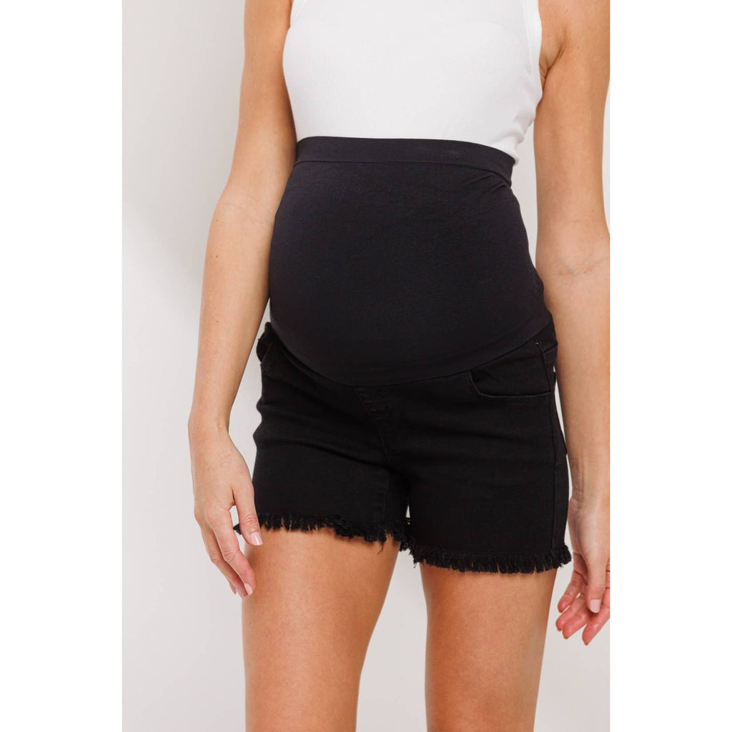 Black Frayed Denim Maternity Full Panel Shorts