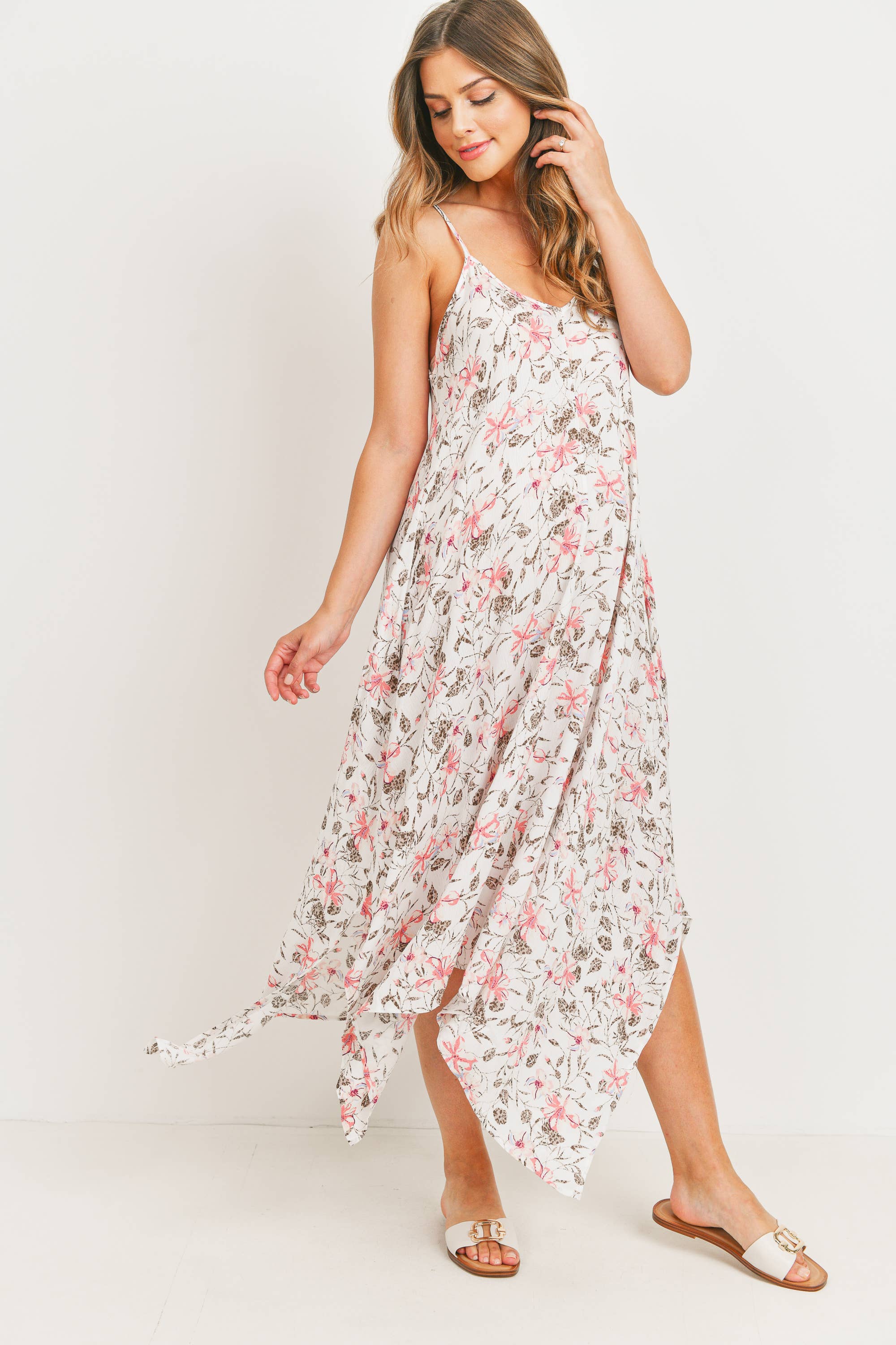 White Floral Print Sleeveless Maternity Midi Dress