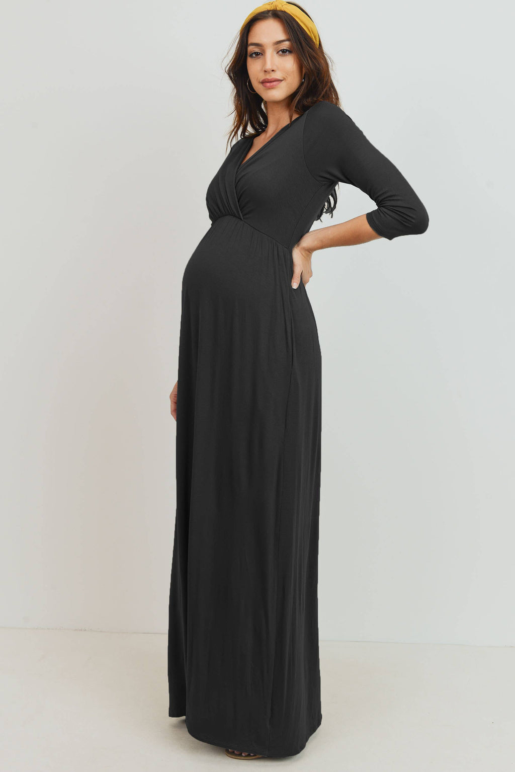 Black Surplice Quarter Sleeve Nursing Maxi Dress