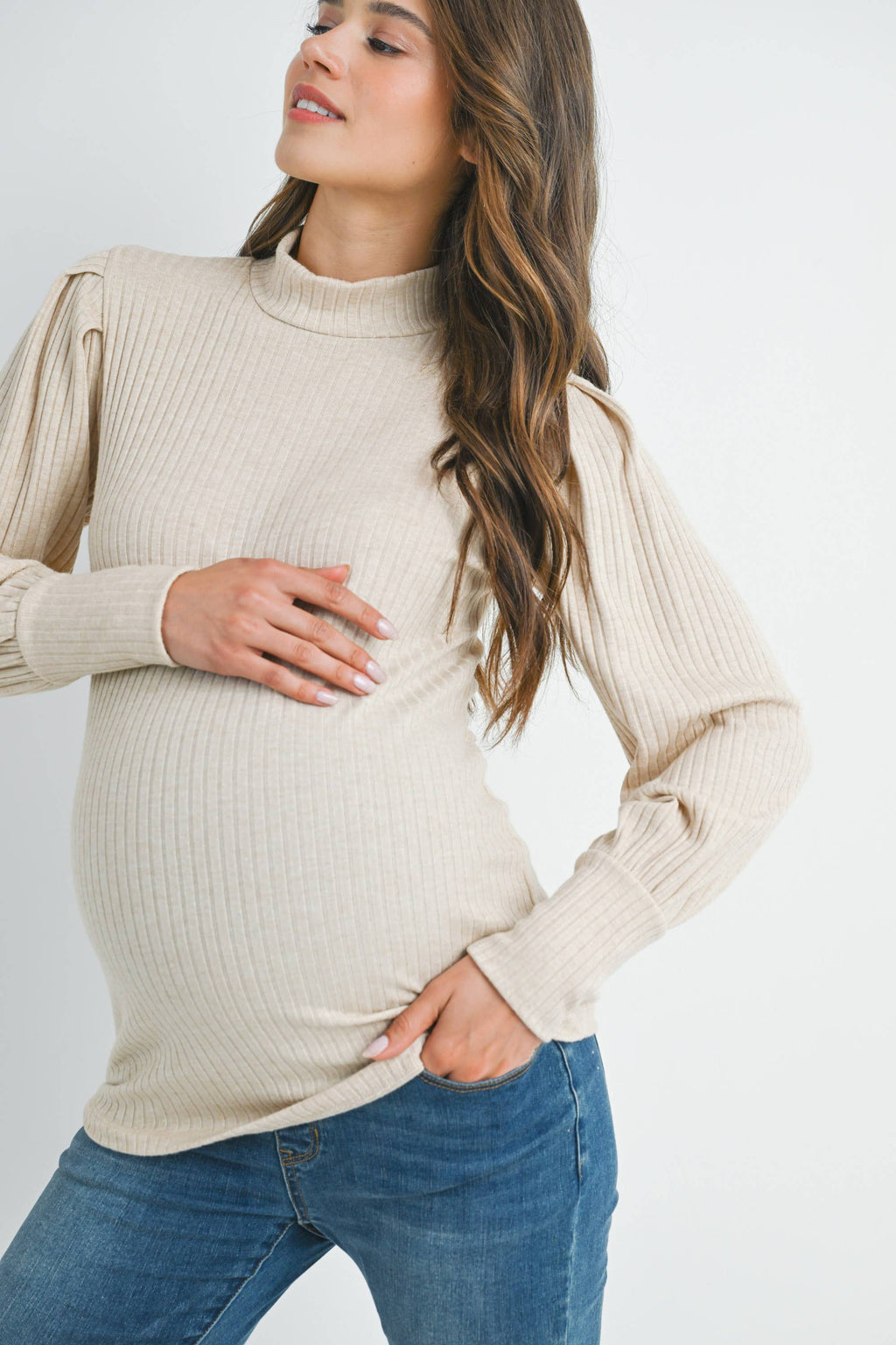Oatmeal Ribbed Mock Neck Puff Sleeve Maternity Top