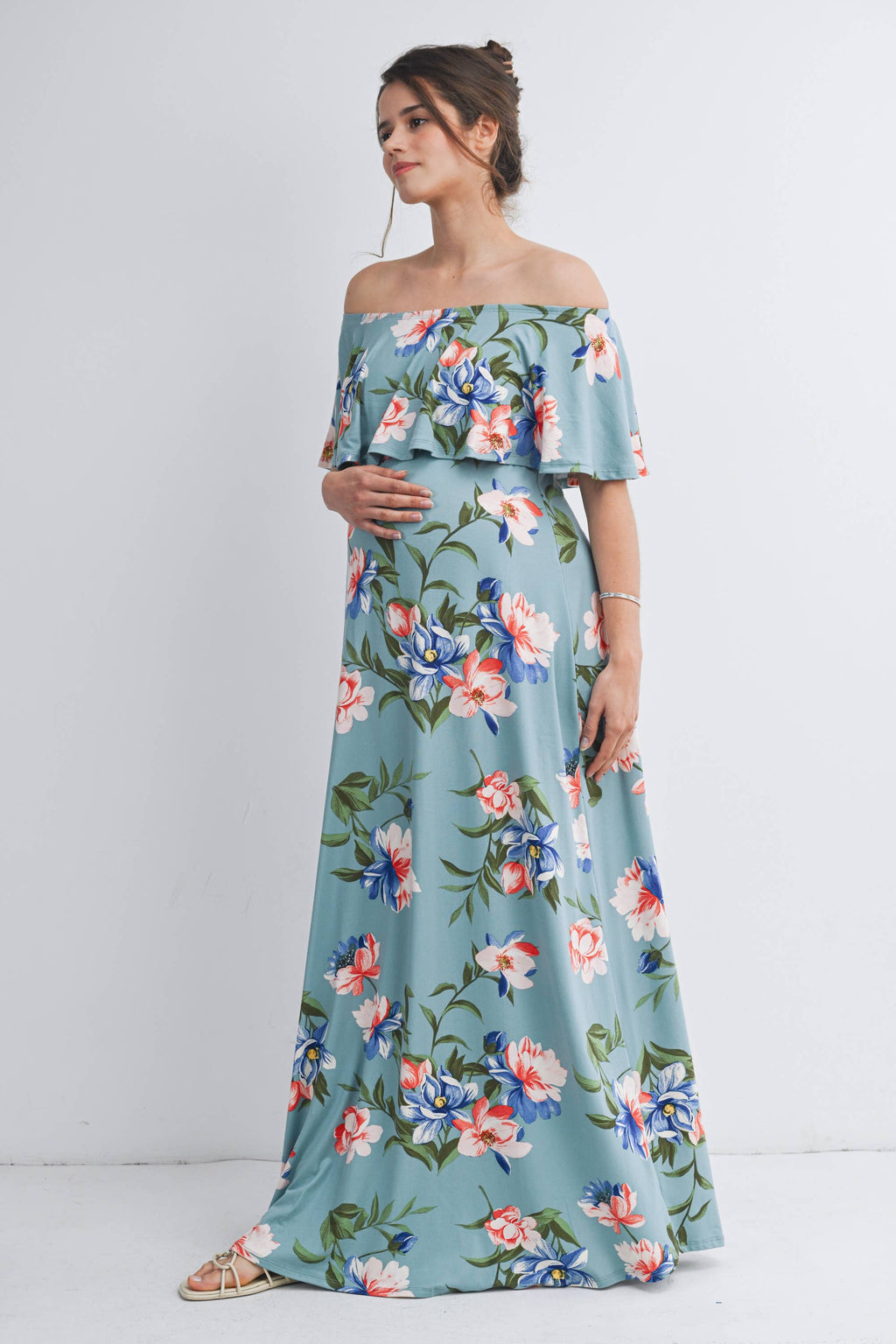 Sage Floral Off-Shoulder Maternity Maxi Dress