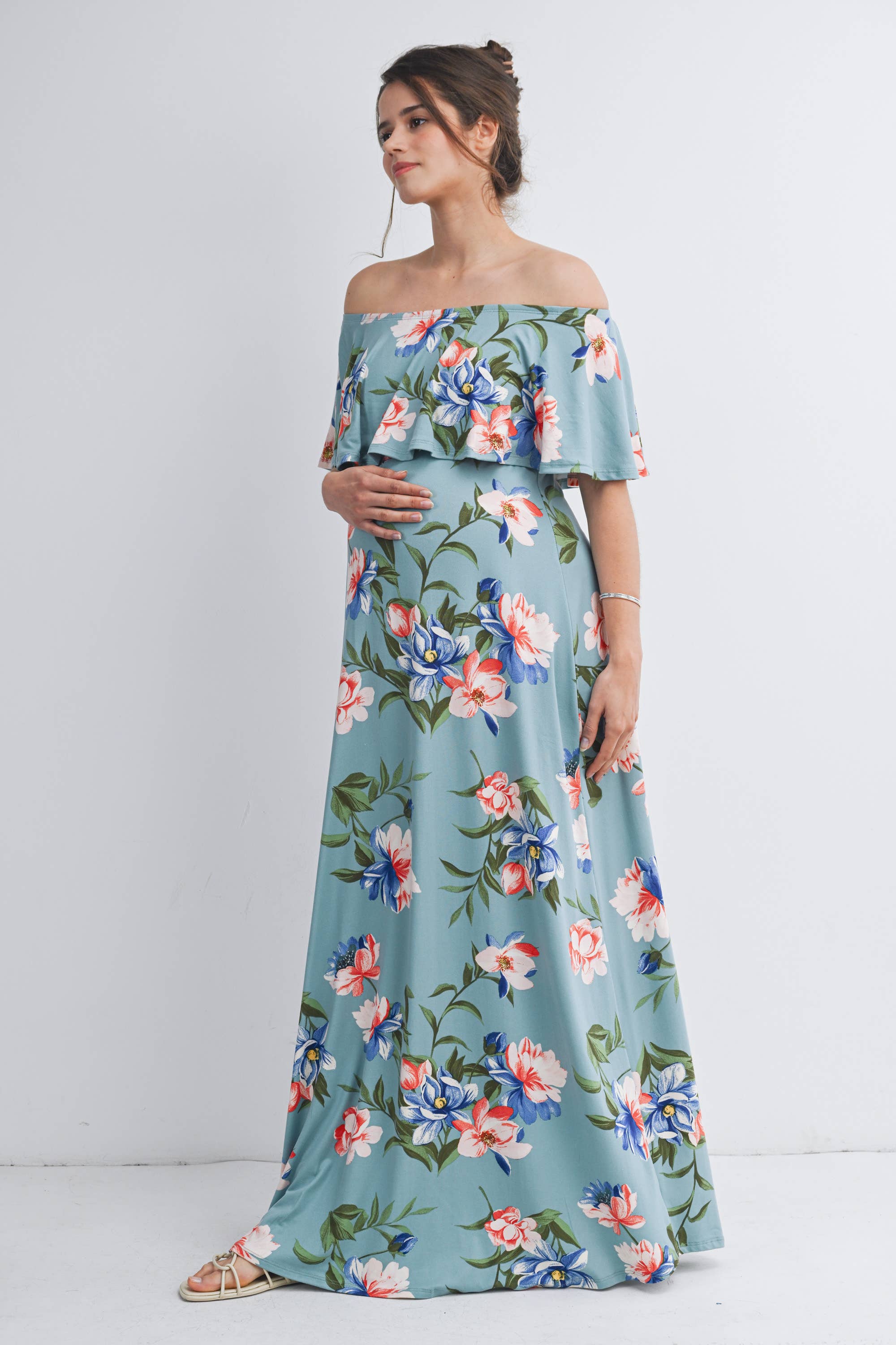 Sage Floral Off-Shoulder Maternity Maxi Dress