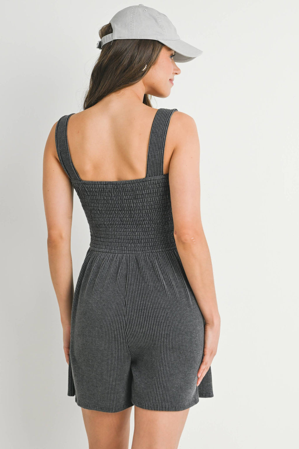 Charcoal Ribbed Smocked Bodice Maternity Romper