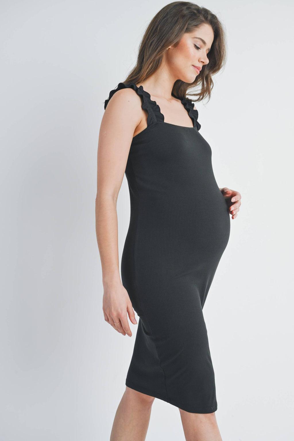 Black Ribbed Ruffle-Strap Maternity Bodycon Dress
