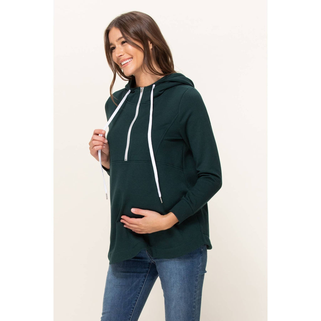 Hunter Green French Terry Half-Zip Maternity Nursing Hoodie