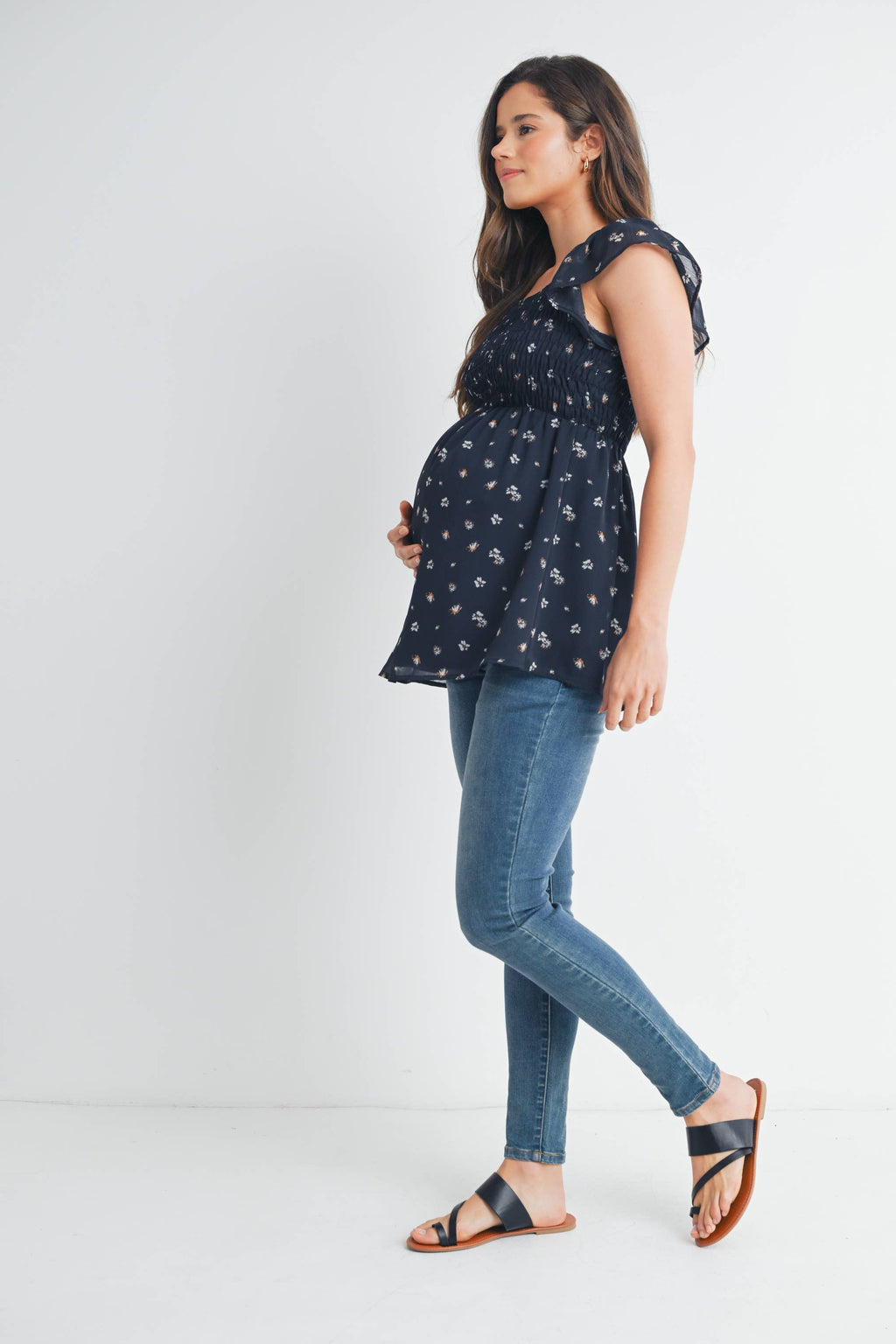 Navy Floral Flutter Sleeve Maternity Smocked Top