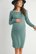 Teal Ribbed Lettuce Edge Long Sleeve Maternity Dress