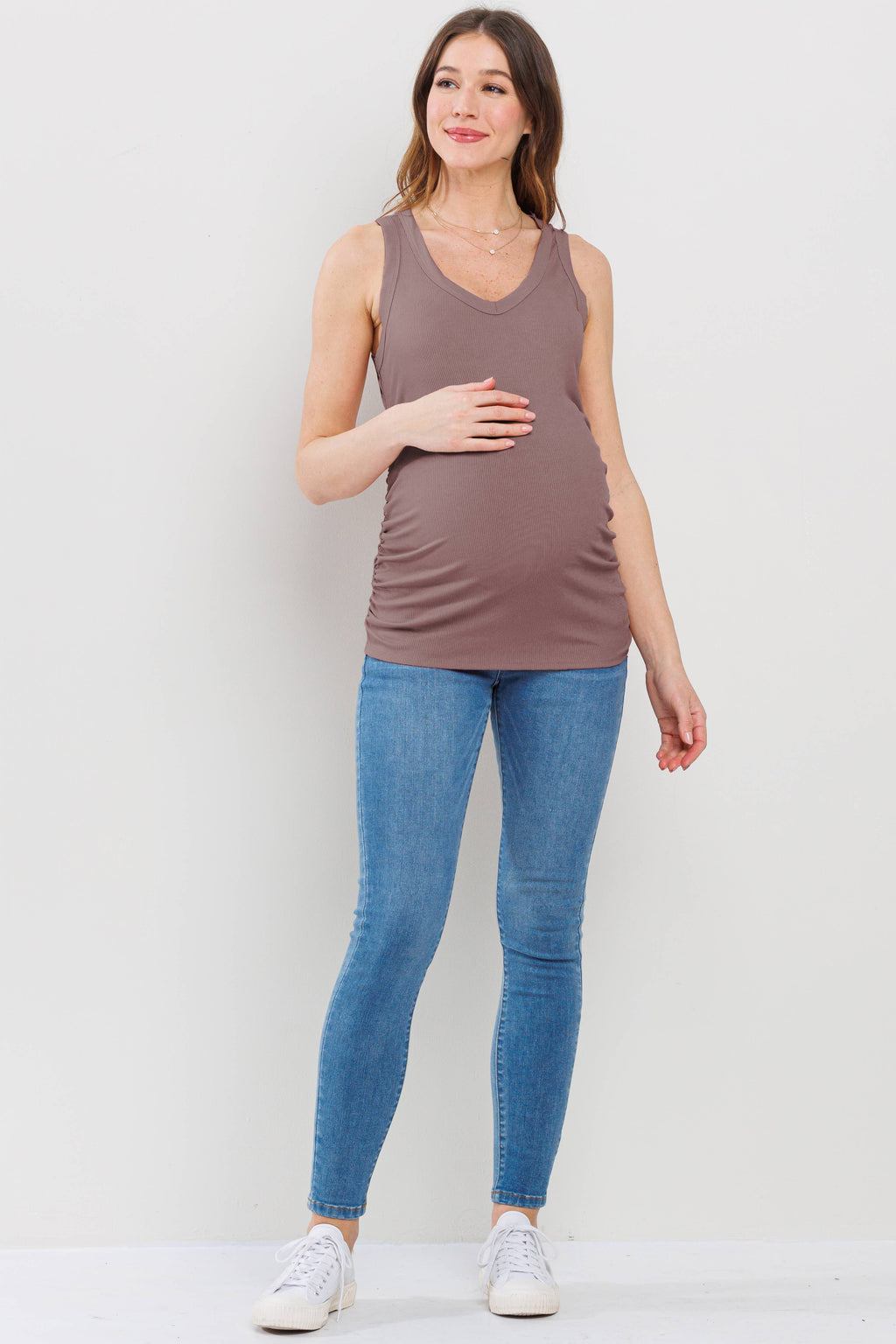 Mauve Ruched V-Neck Maternity Ribbed Tank Top