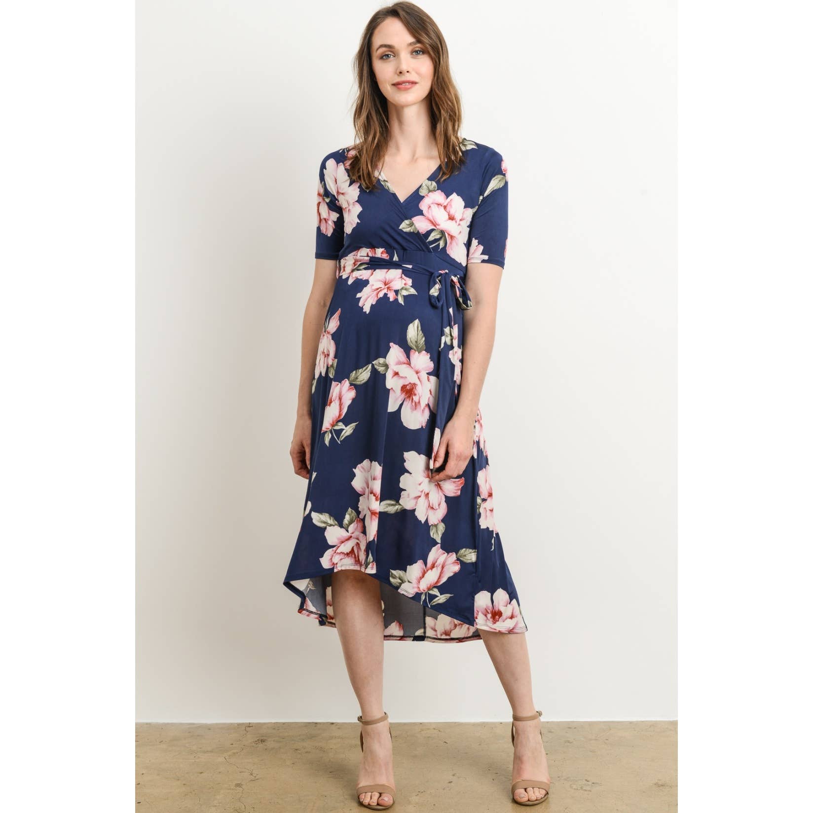 Navy Blue Floral High-Low Nursing Surplice Dress