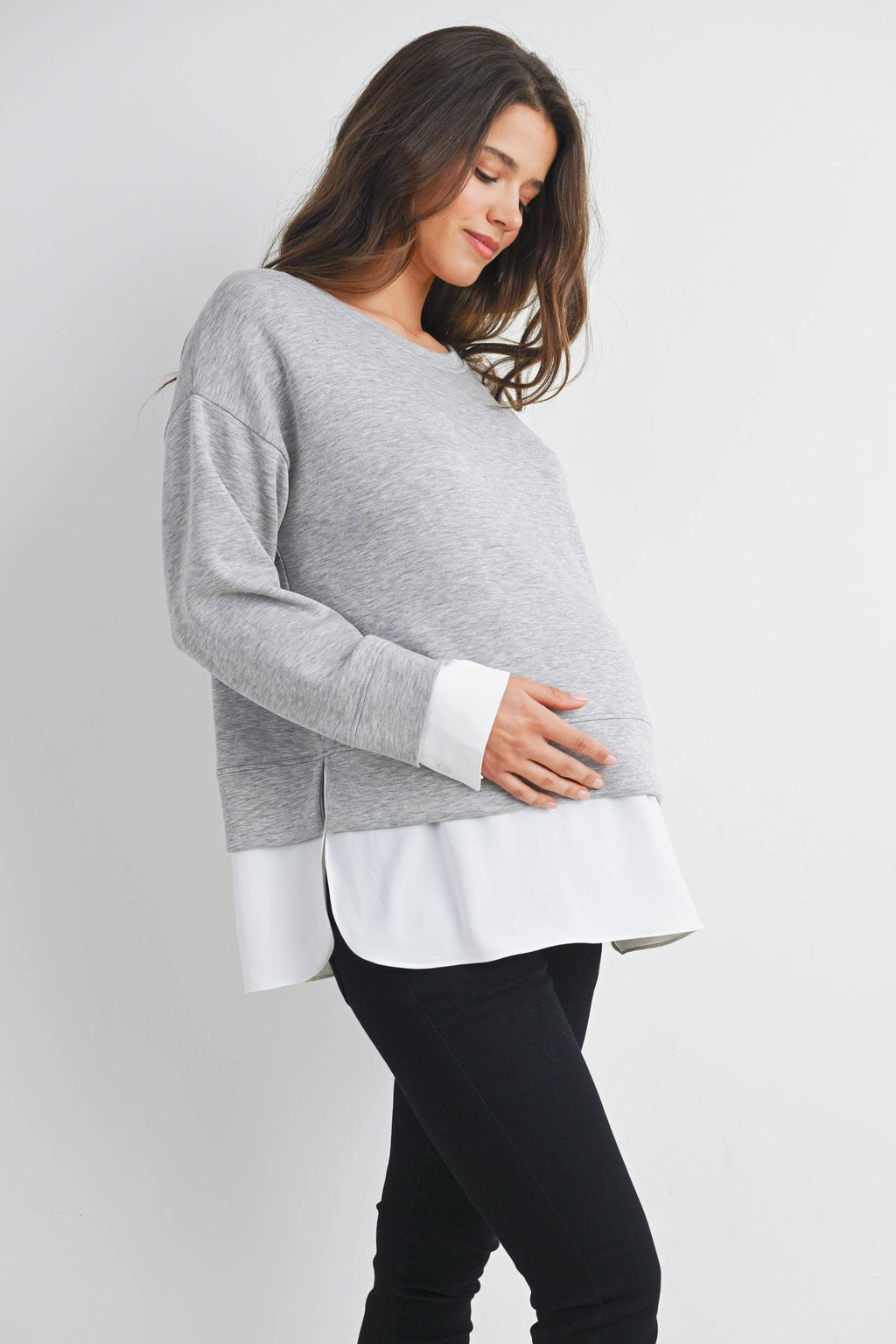 Grey/White Long Sleeve Maternity Twofer Pullover Top