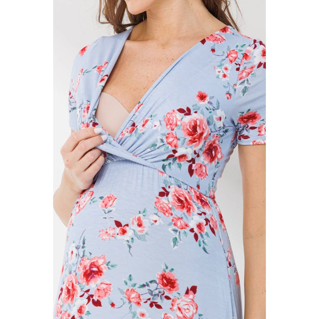 Chambray Short Sleeve Floral Maternity Nursing Maxi Dress